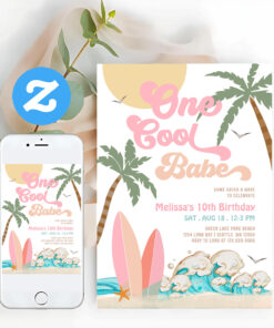 Girl One Cool Babe Surfing 1st Birthday Party Invitation