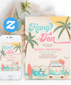 Girl Surf Pink Mint 10th Surfing Beach Birthday Invitation