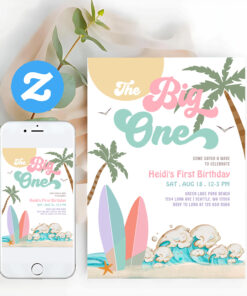 Girl The Big One Surfing 1st Birthday Party Invitation