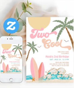 Girl Two Cool Surfing 2nd Birthday Beach Party Invitation