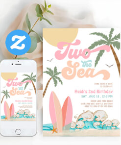 Girl Two The Sea Surfing 2nd Birthday Beach Party Invitation