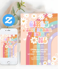 Girls Just Wanna Turn One Twin Groovy 1st Birthday Invitation