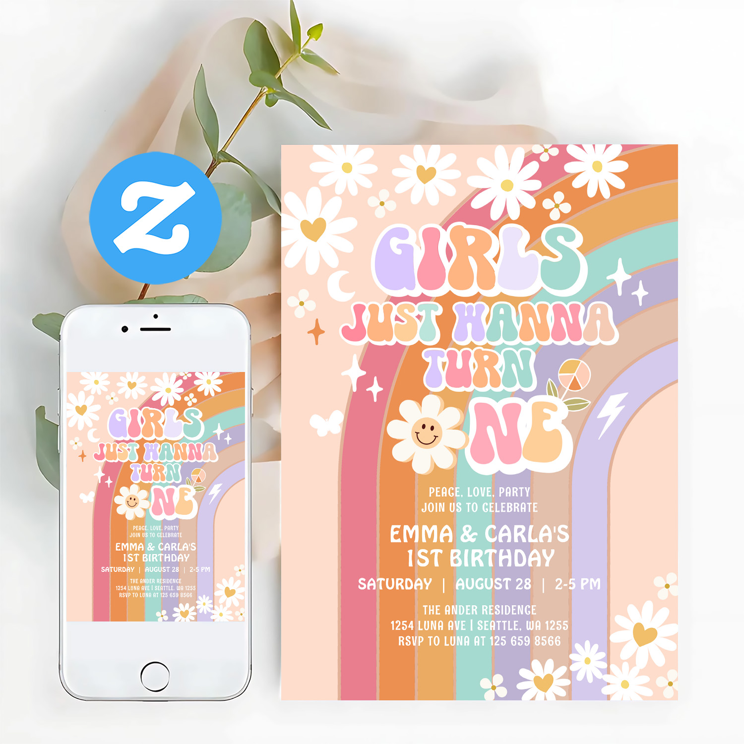 Girls Just Wanna Turn One Twin Groovy 1st Birthday Invitation