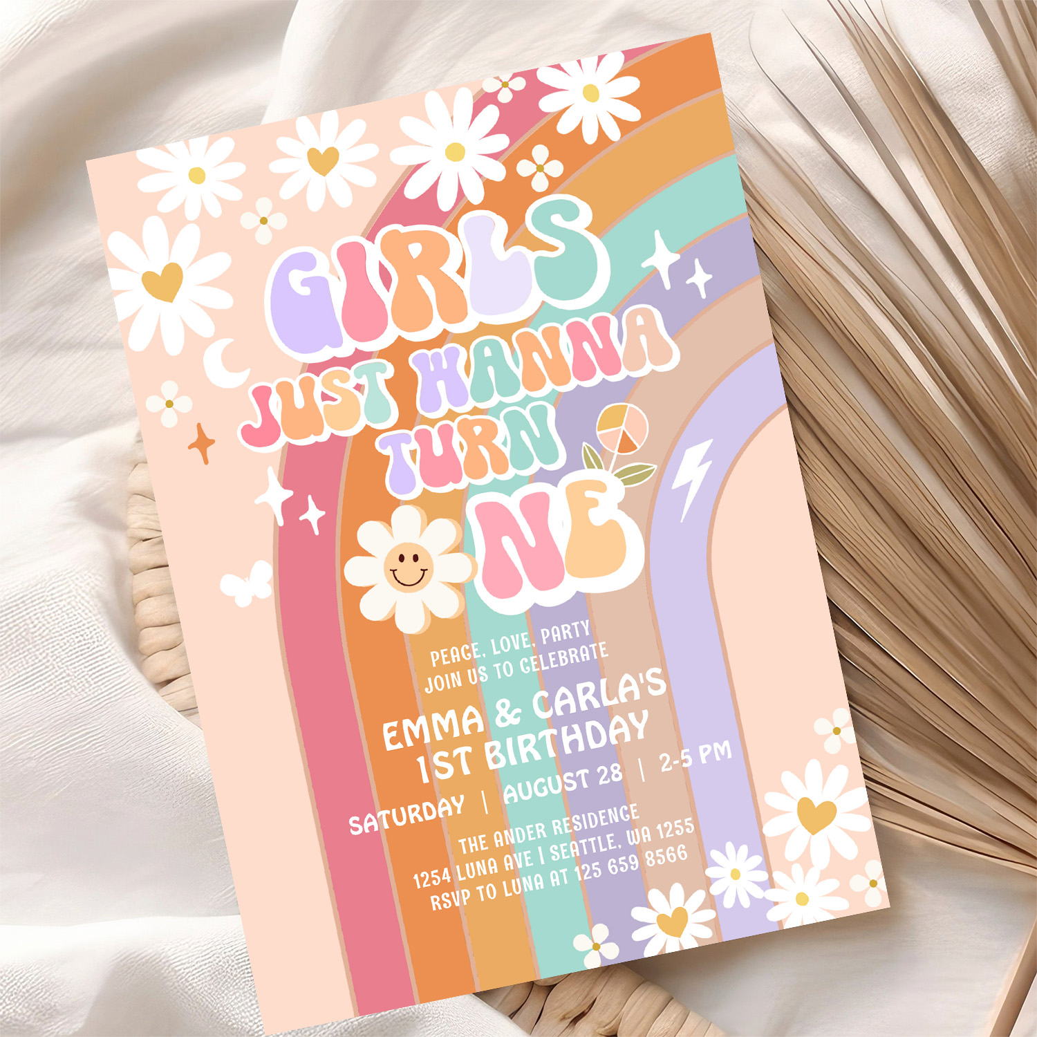 Girls Just Wanna Turn One Twin Groovy 1st Birthday Invitation - Image 10