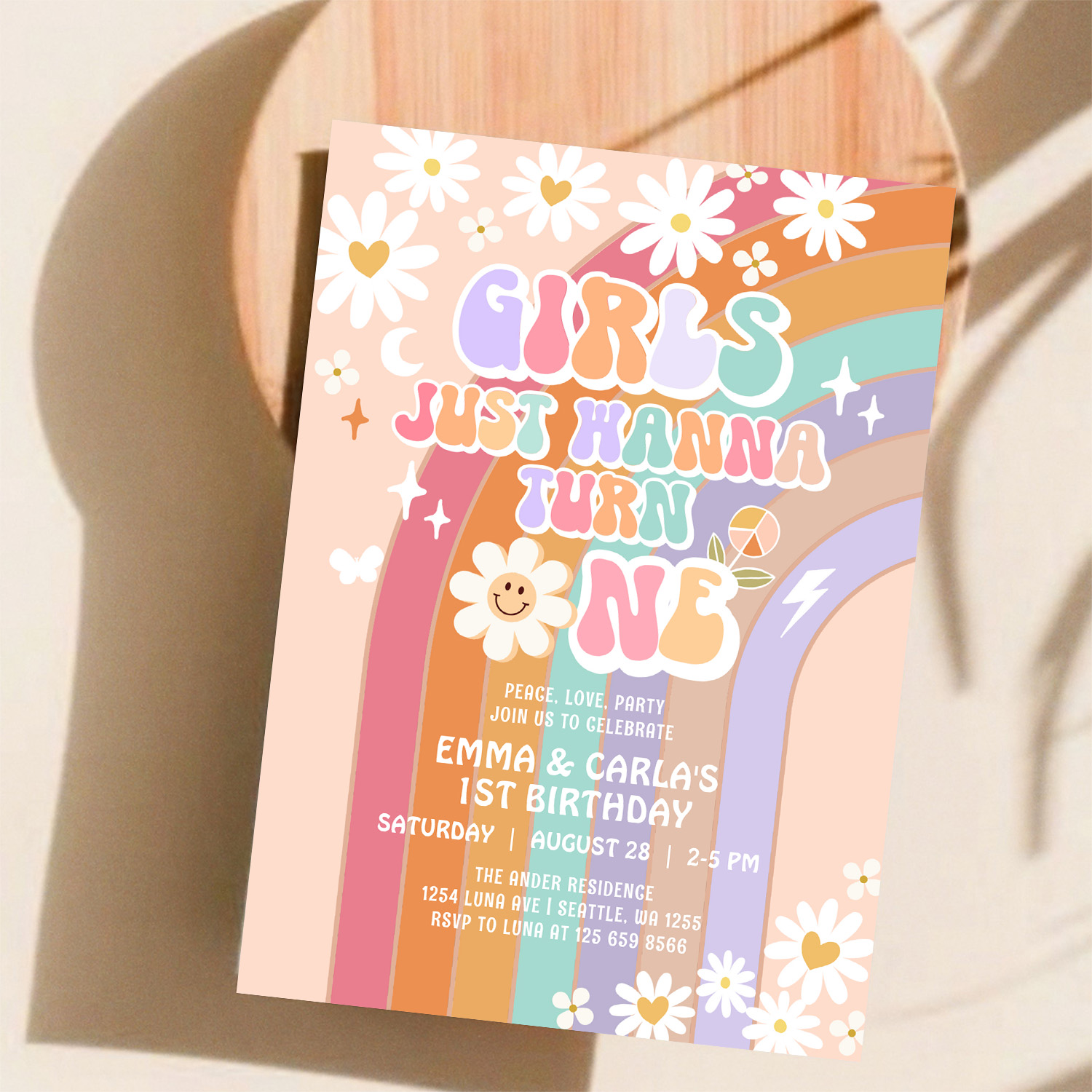Girls Just Wanna Turn One Twin Groovy 1st Birthday Invitation - Image 11