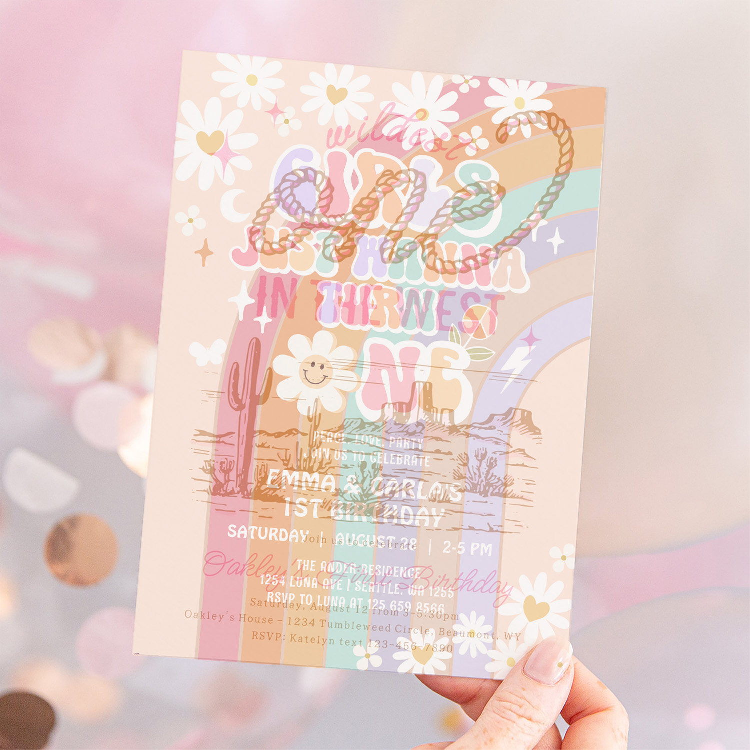 Girls Just Wanna Turn One Twin Groovy 1st Birthday Invitation - Image 12
