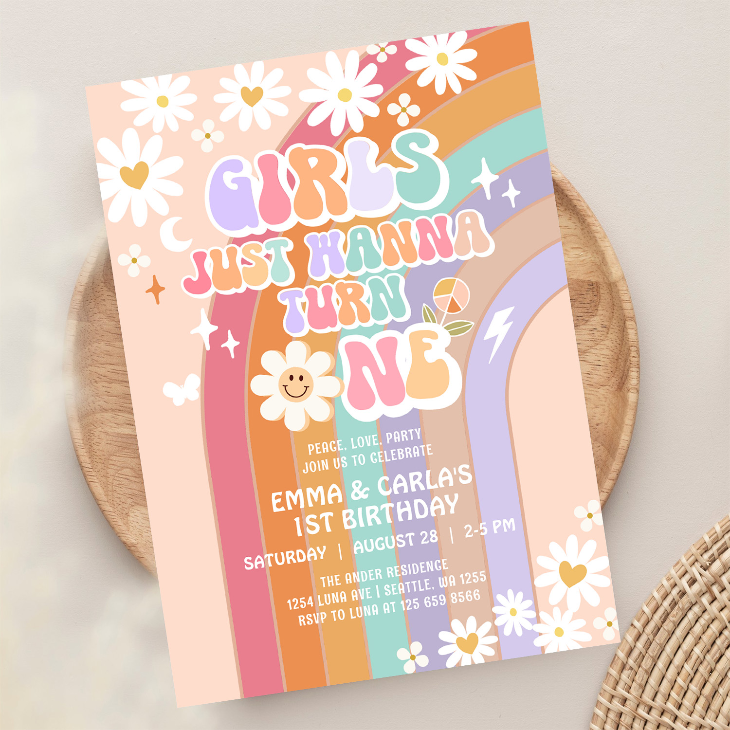 Girls Just Wanna Turn One Twin Groovy 1st Birthday Invitation - Image 13