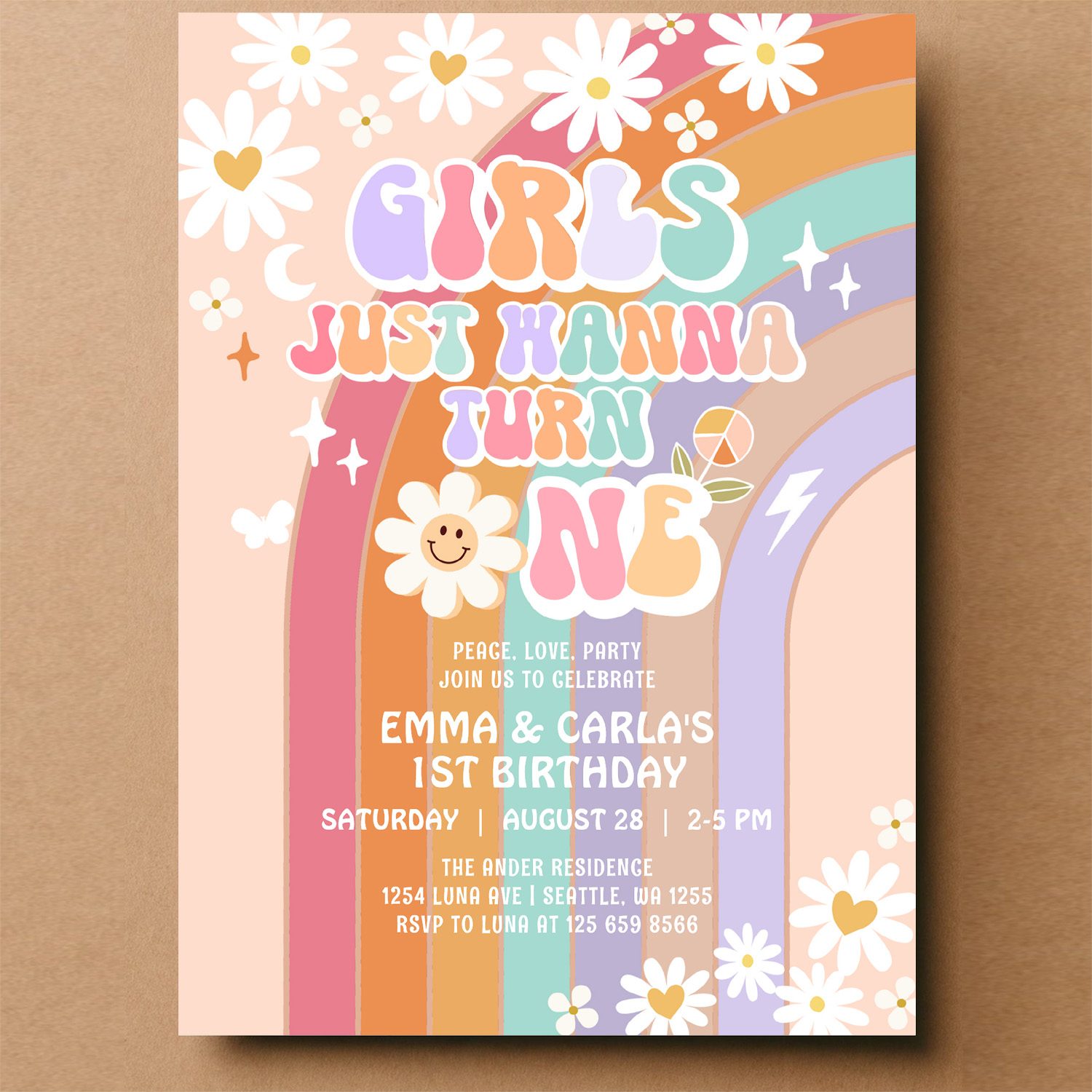 Girls Just Wanna Turn One Twin Groovy 1st Birthday Invitation - Image 14