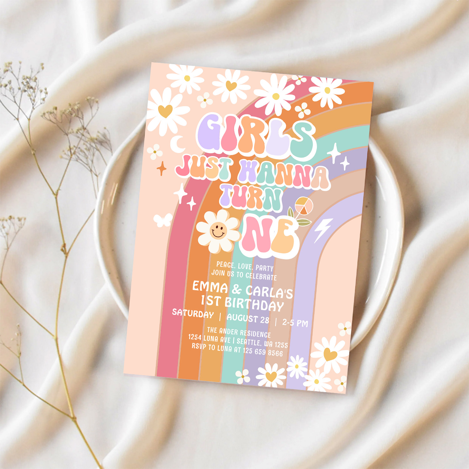 Girls Just Wanna Turn One Twin Groovy 1st Birthday Invitation - Image 2