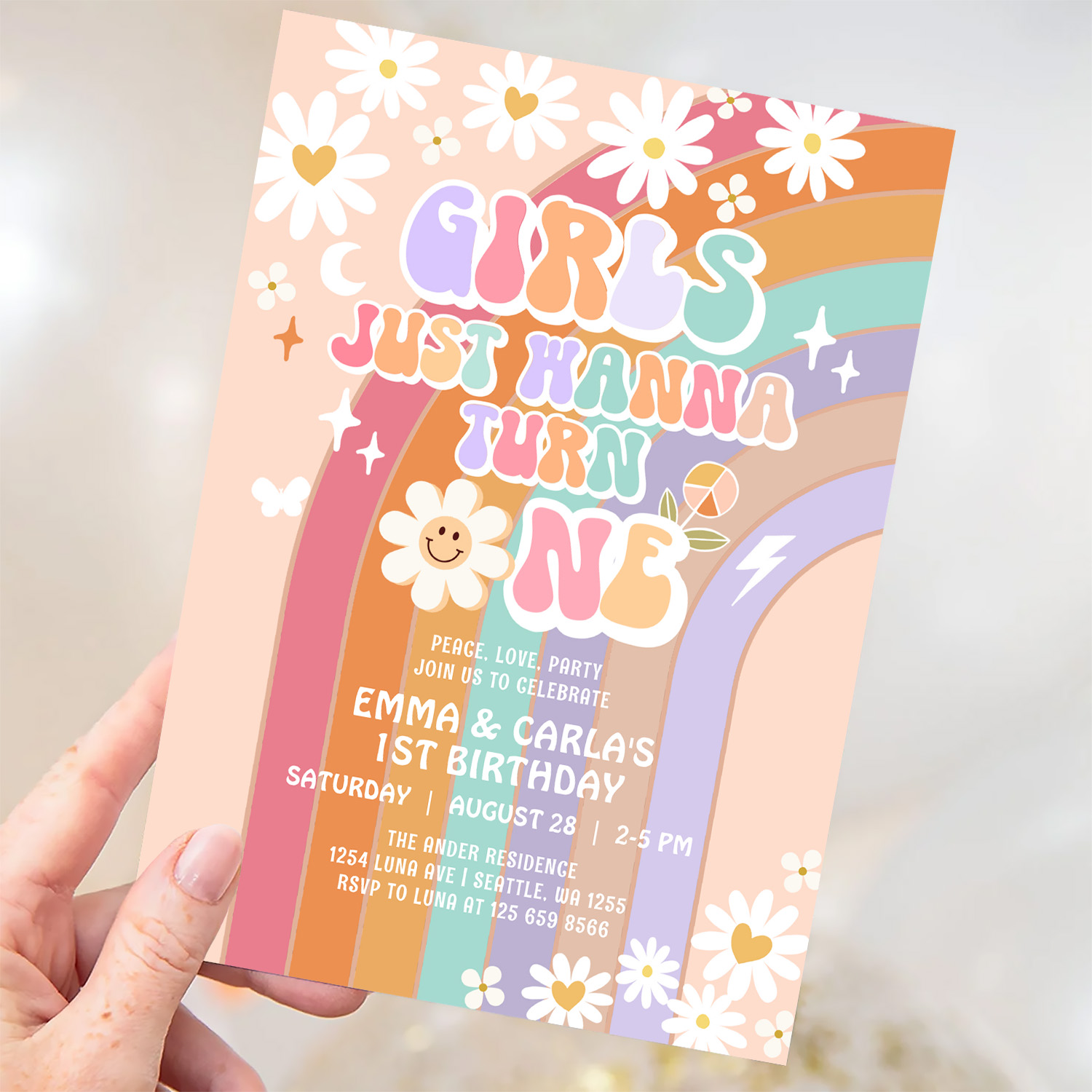 Girls Just Wanna Turn One Twin Groovy 1st Birthday Invitation - Image 3