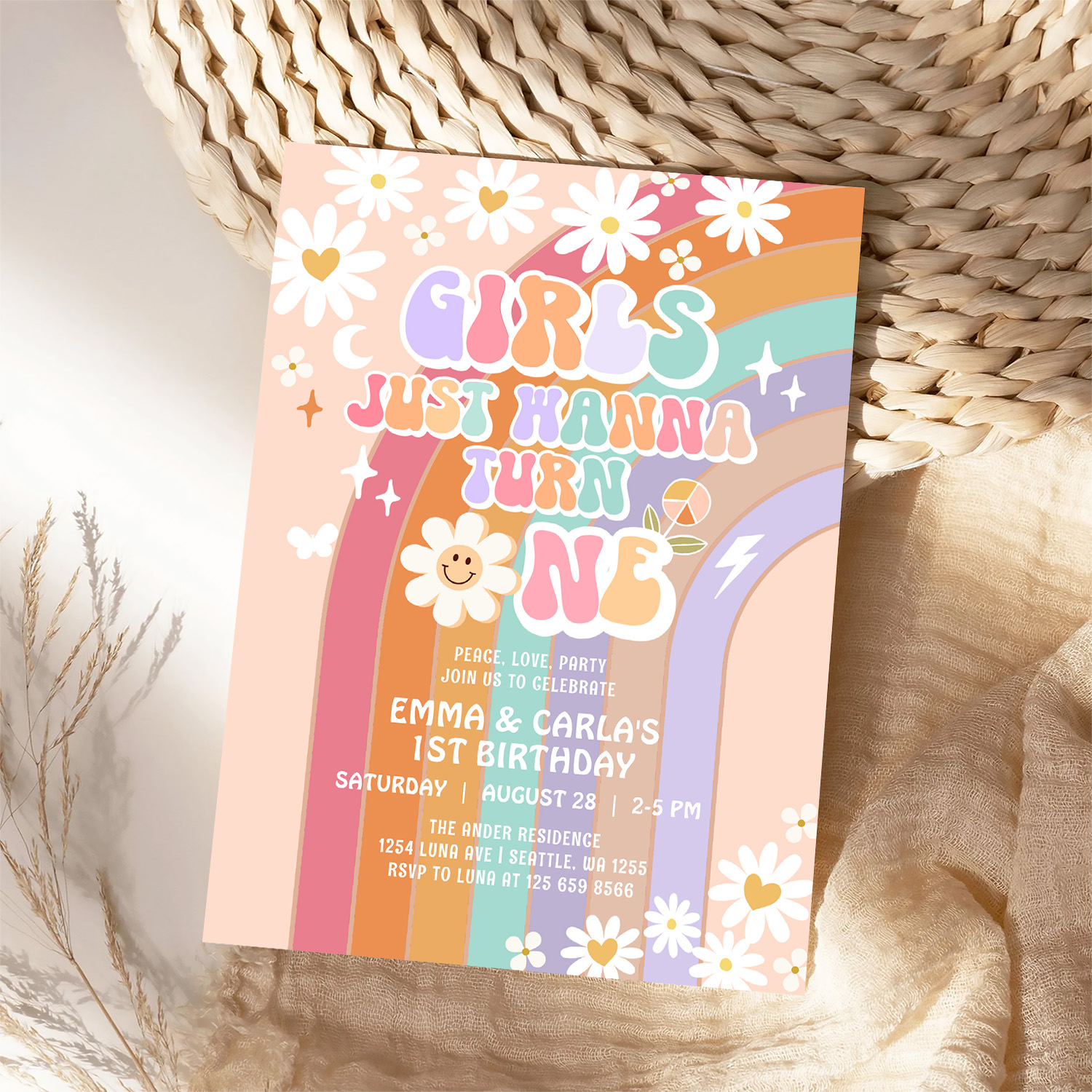 Girls Just Wanna Turn One Twin Groovy 1st Birthday Invitation - Image 4