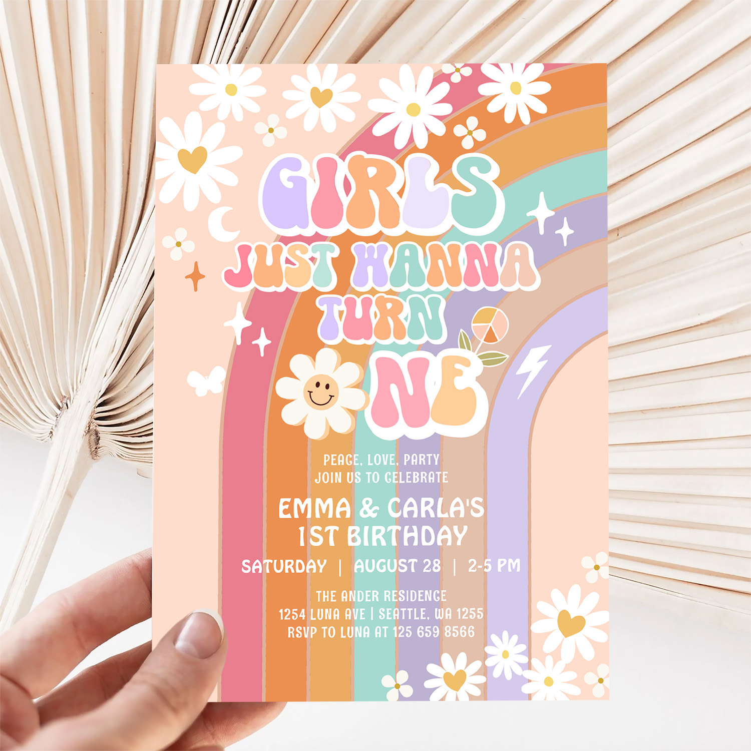 Girls Just Wanna Turn One Twin Groovy 1st Birthday Invitation - Image 5