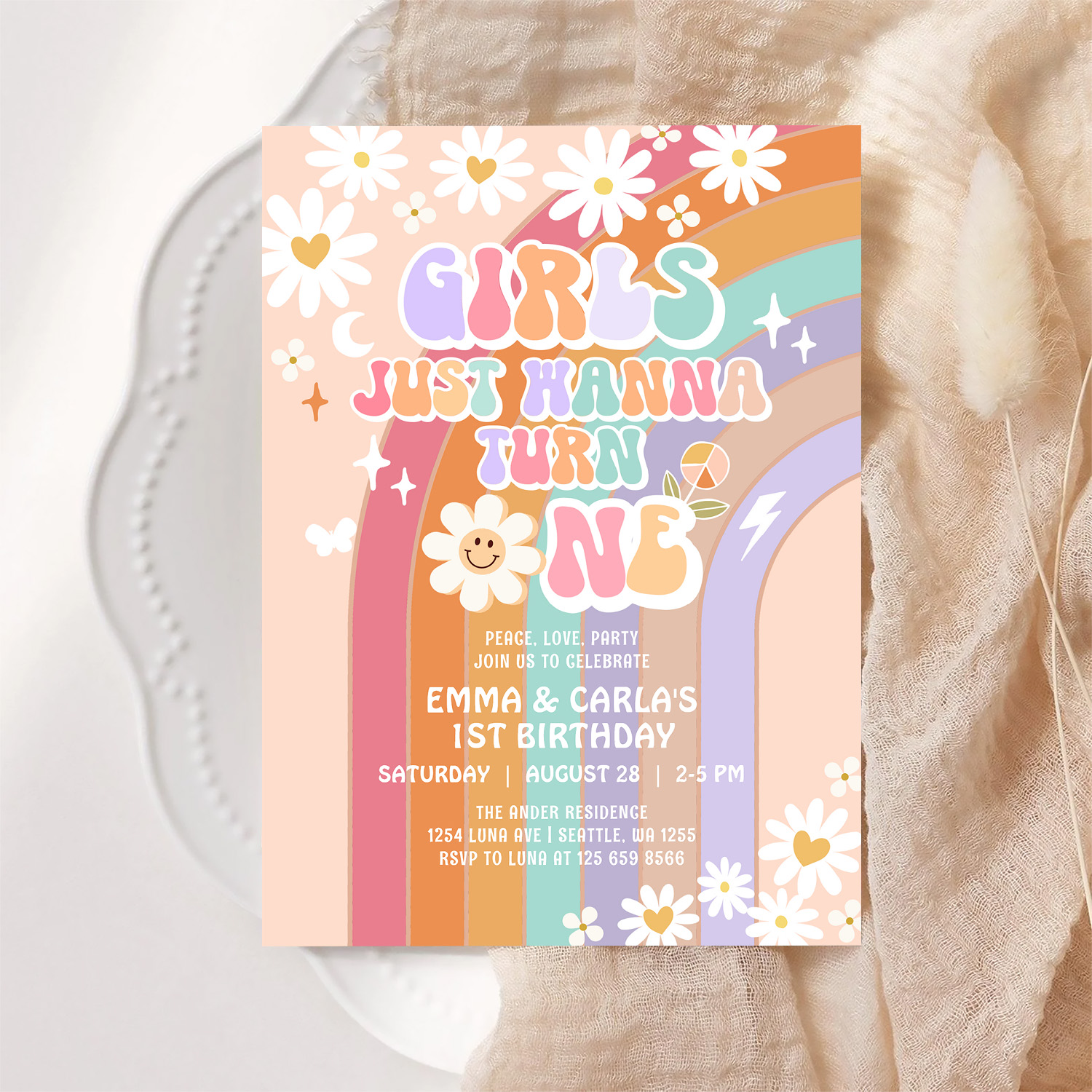 Girls Just Wanna Turn One Twin Groovy 1st Birthday Invitation - Image 6