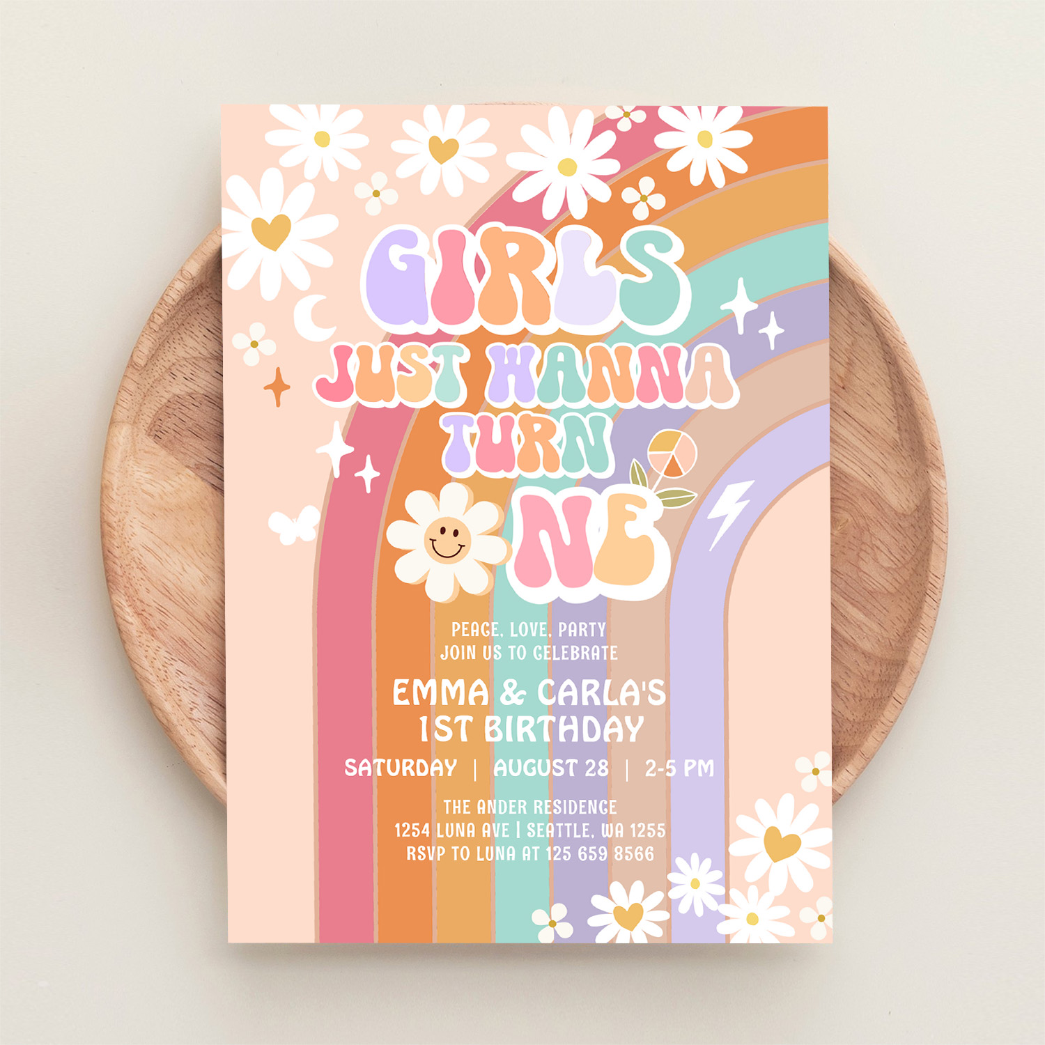 Girls Just Wanna Turn One Twin Groovy 1st Birthday Invitation - Image 7