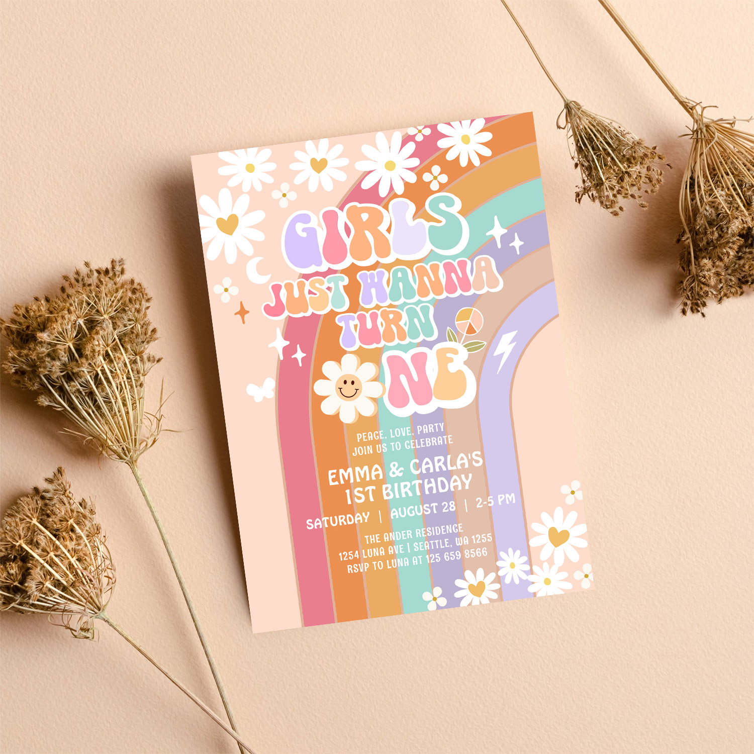 Girls Just Wanna Turn One Twin Groovy 1st Birthday Invitation - Image 8