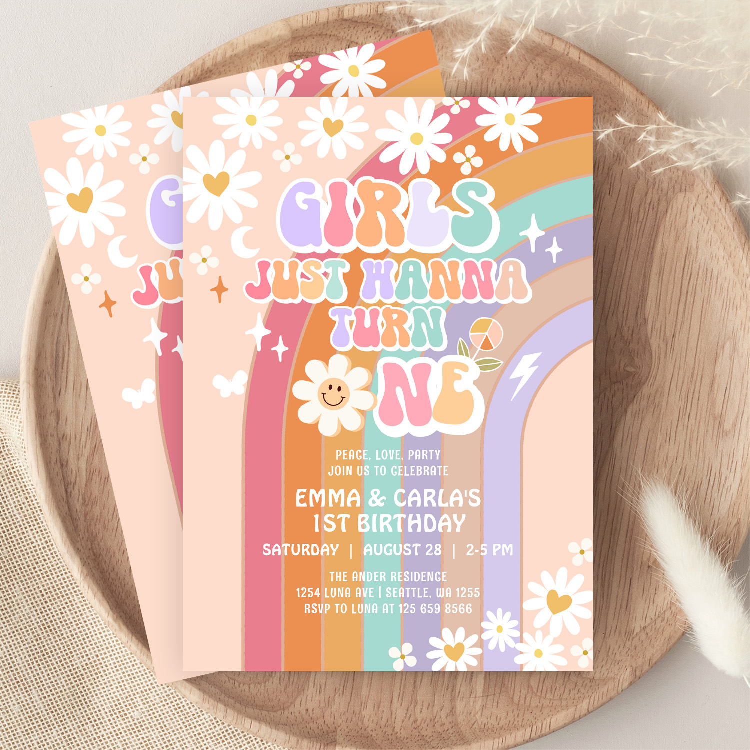 Girls Just Wanna Turn One Twin Groovy 1st Birthday Invitation - Image 9