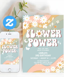 Green Blue Flower Power Hippie 70S Retro Birthday Invitation