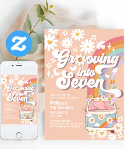 Grooving Into Seven Daisy Rainbow 7th Birthday Invitation