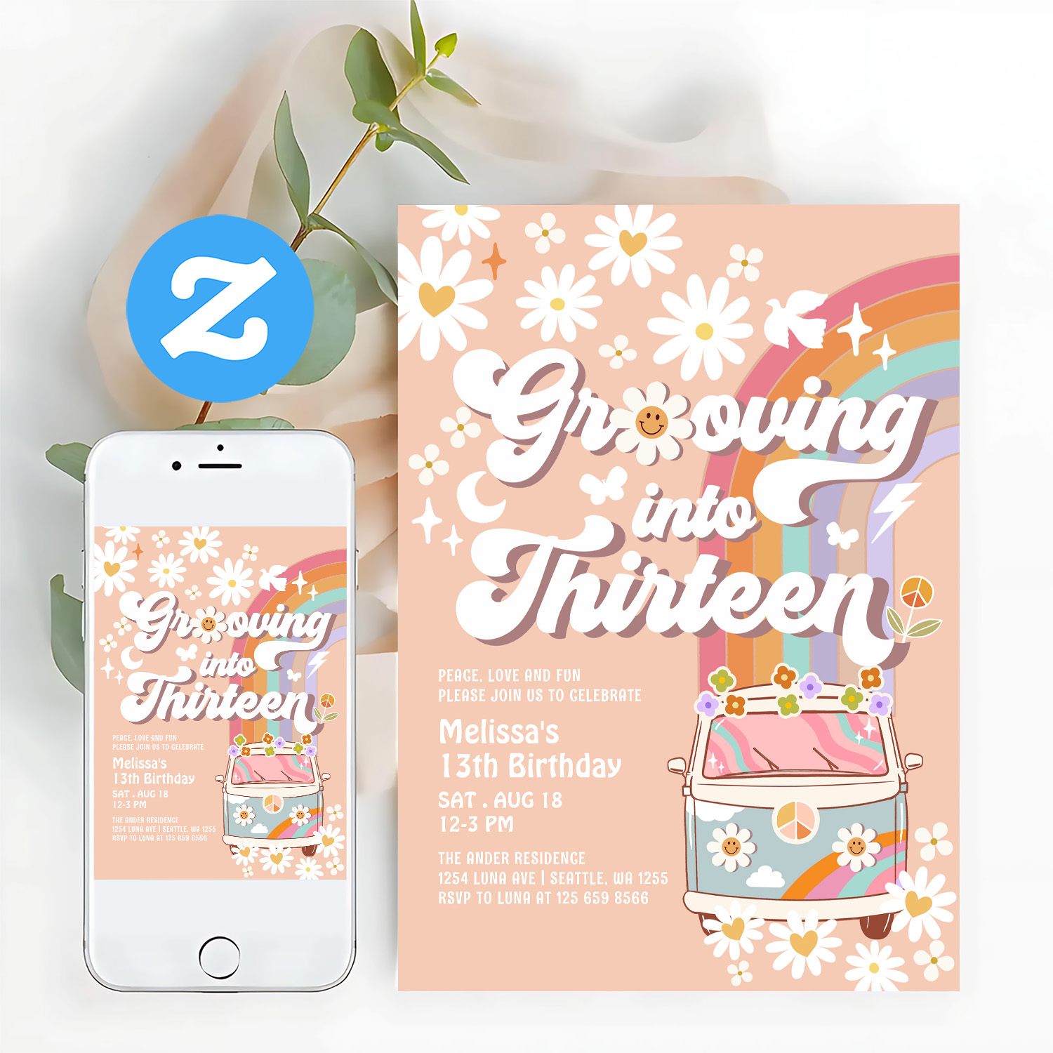 Grooving Into Thirteen Hippie 13th Birthday Invitation