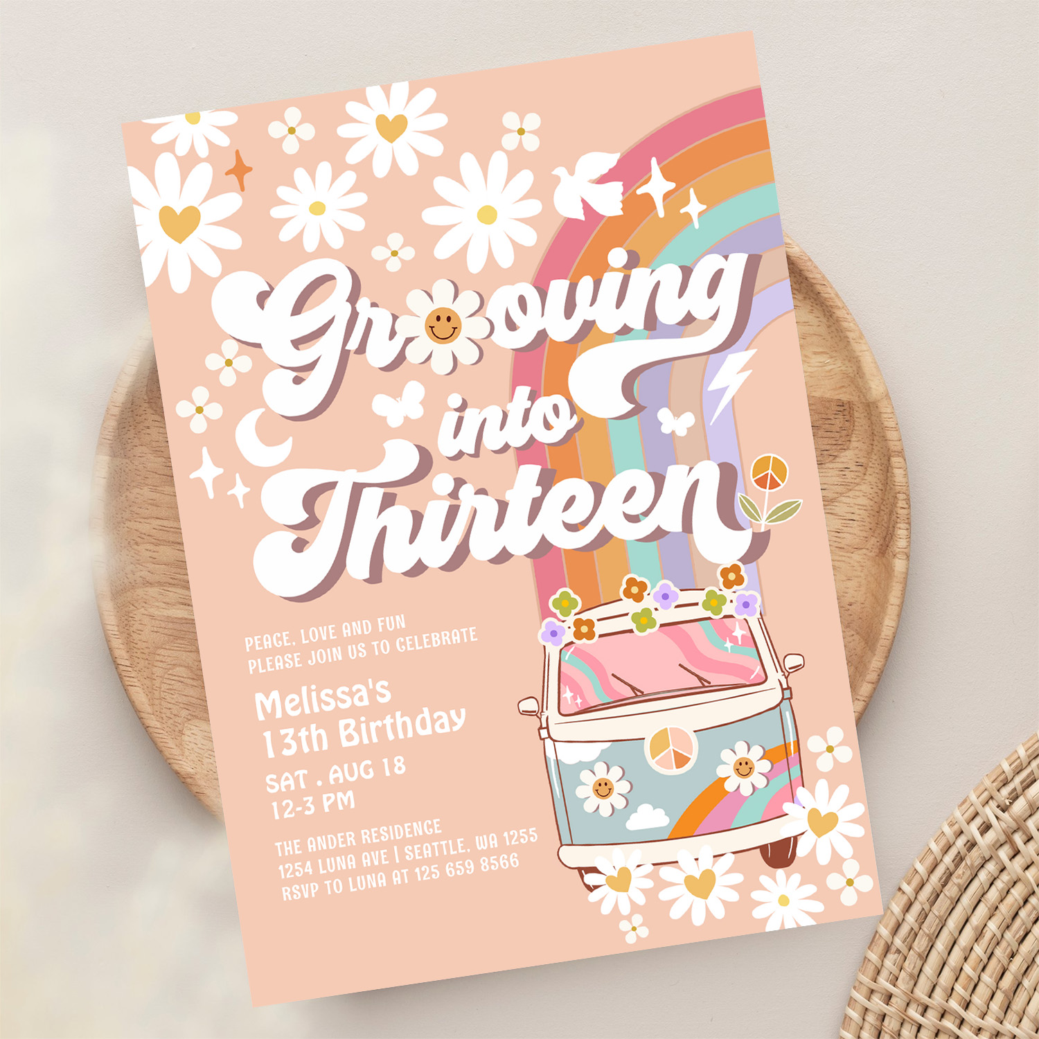 Grooving Into Thirteen Hippie 13th Birthday Invitation - Image 13