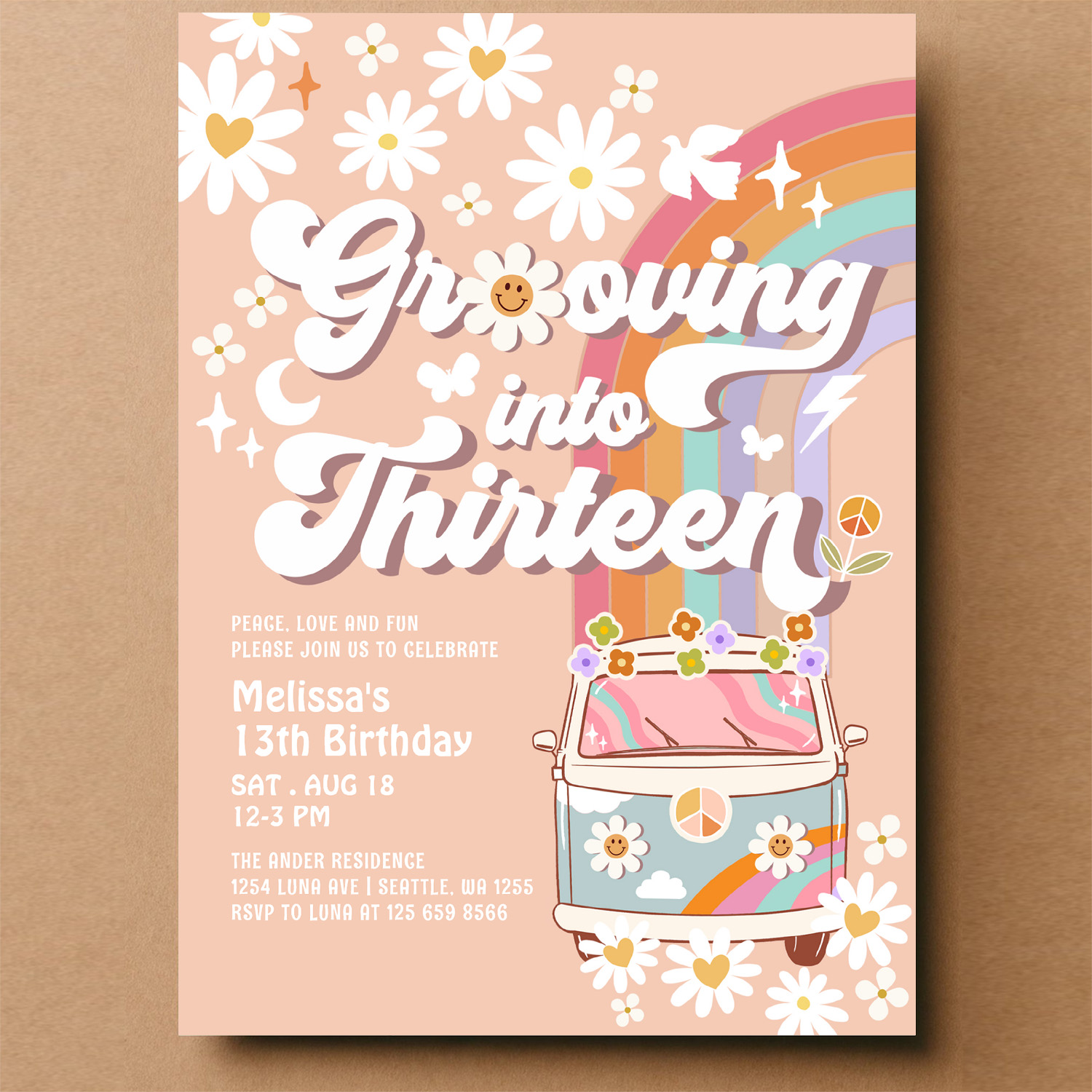 Grooving Into Thirteen Hippie 13th Birthday Invitation - Image 14