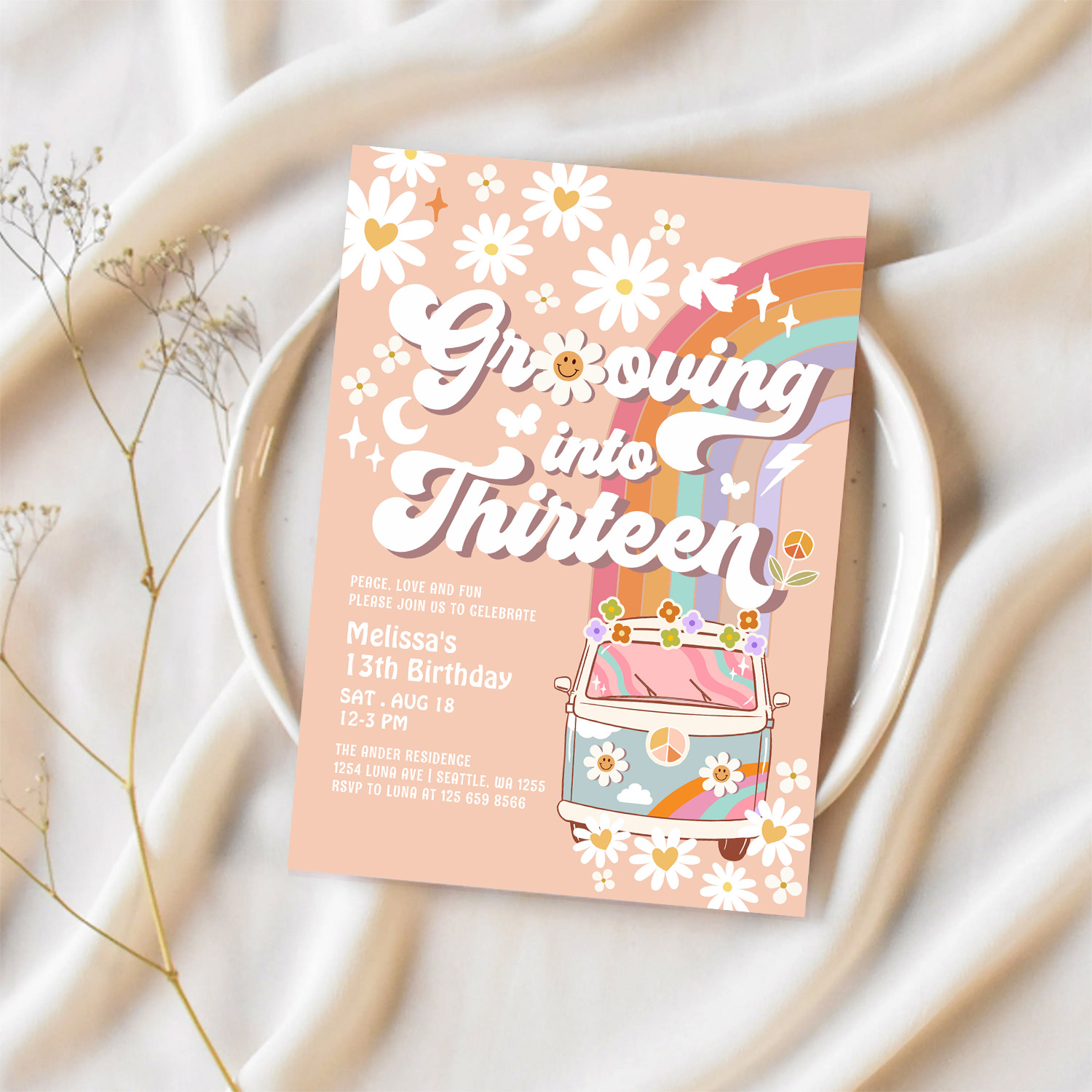 Grooving Into Thirteen Hippie 13th Birthday Invitation - Image 2