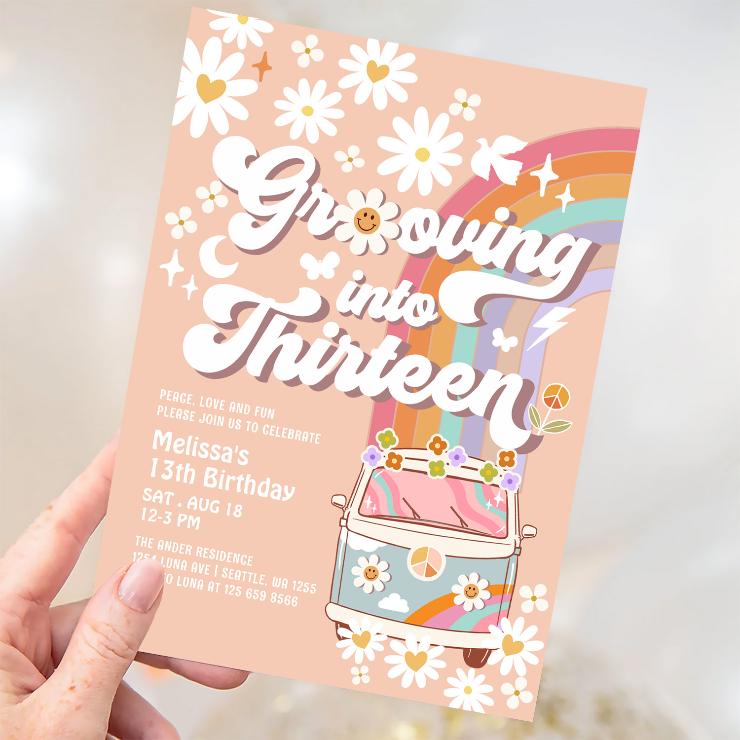 Grooving Into Thirteen Hippie 13th Birthday Invitation - Image 3