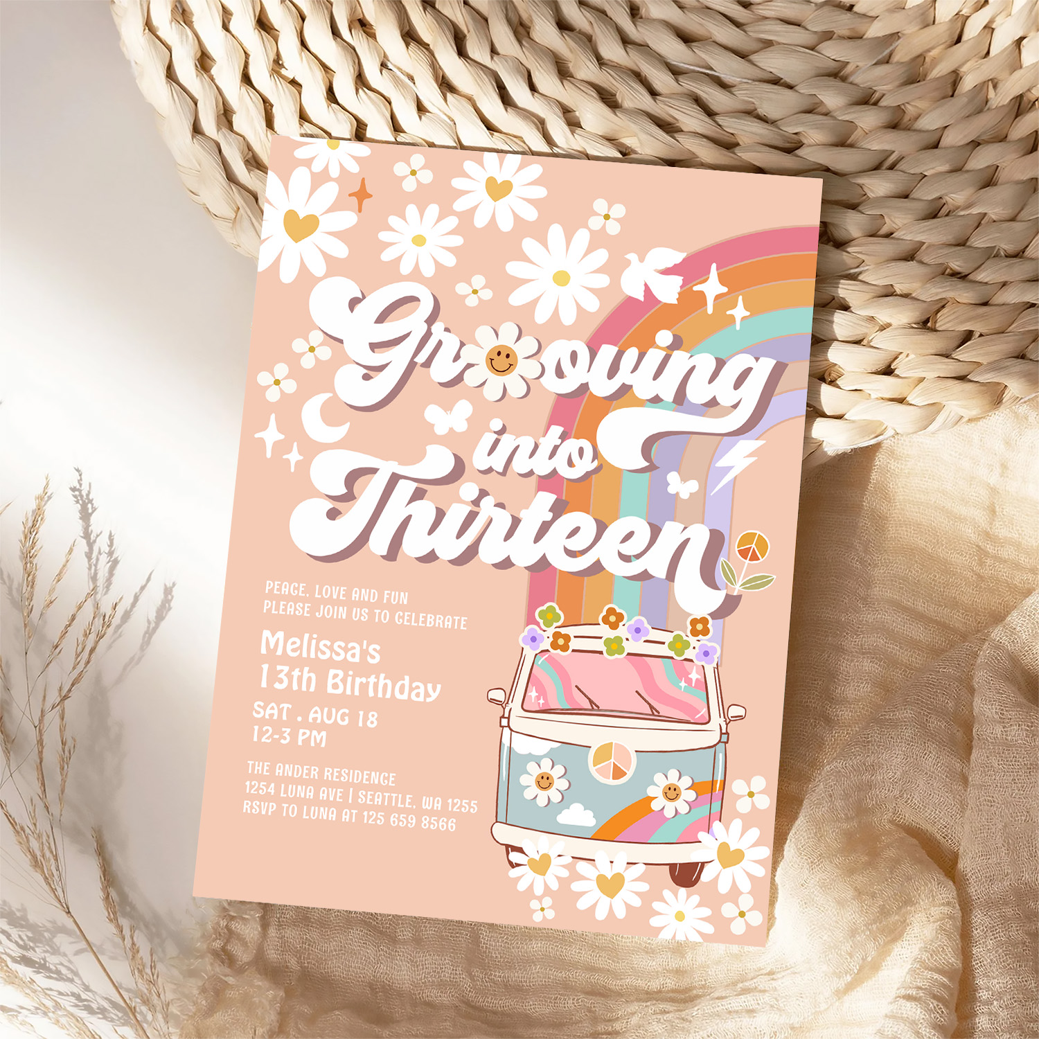 Grooving Into Thirteen Hippie 13th Birthday Invitation - Image 4