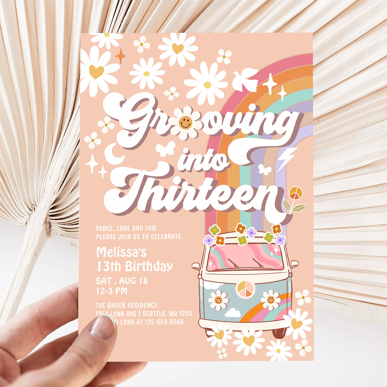 Grooving Into Thirteen Hippie 13th Birthday Invitation - Image 5