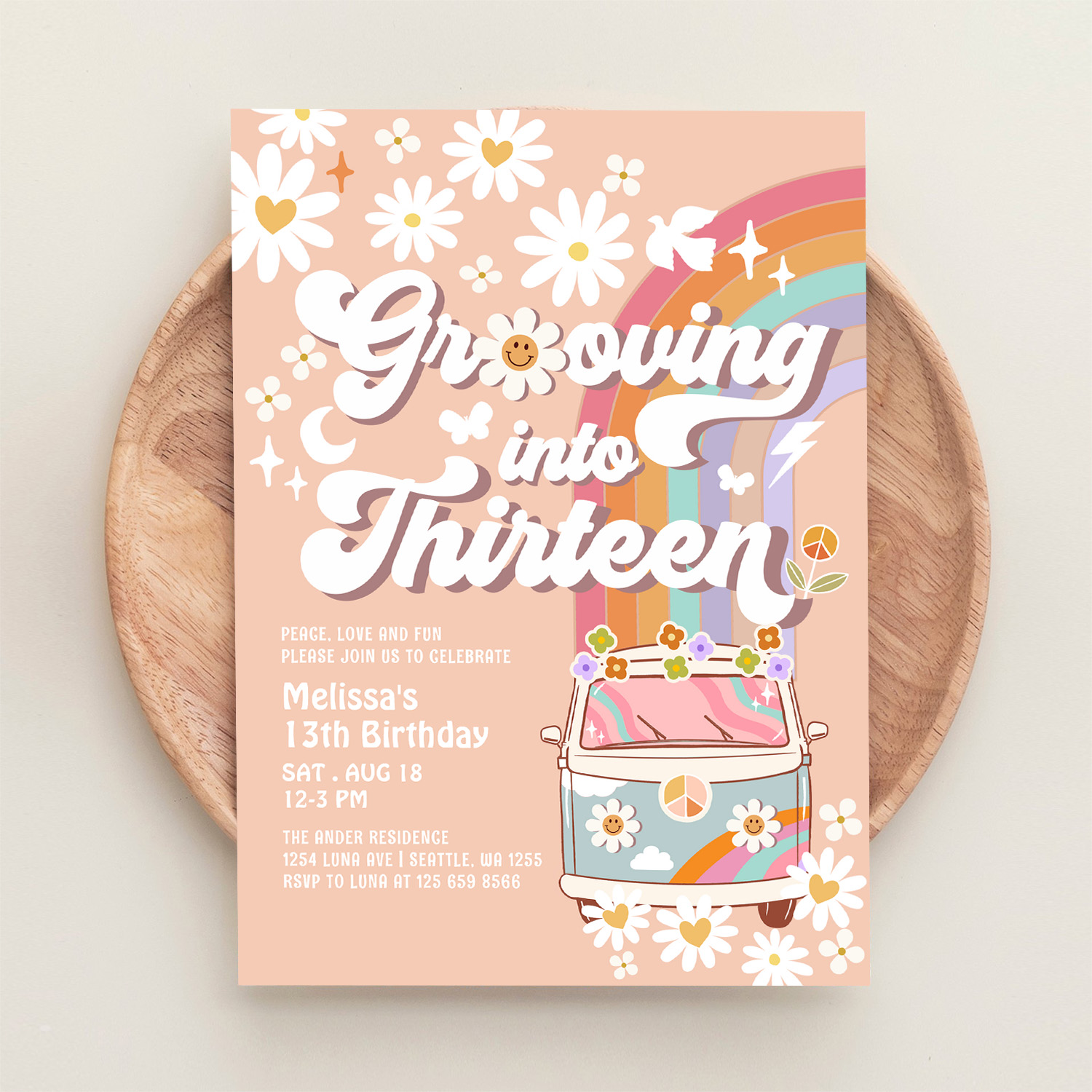 Grooving Into Thirteen Hippie 13th Birthday Invitation - Image 7