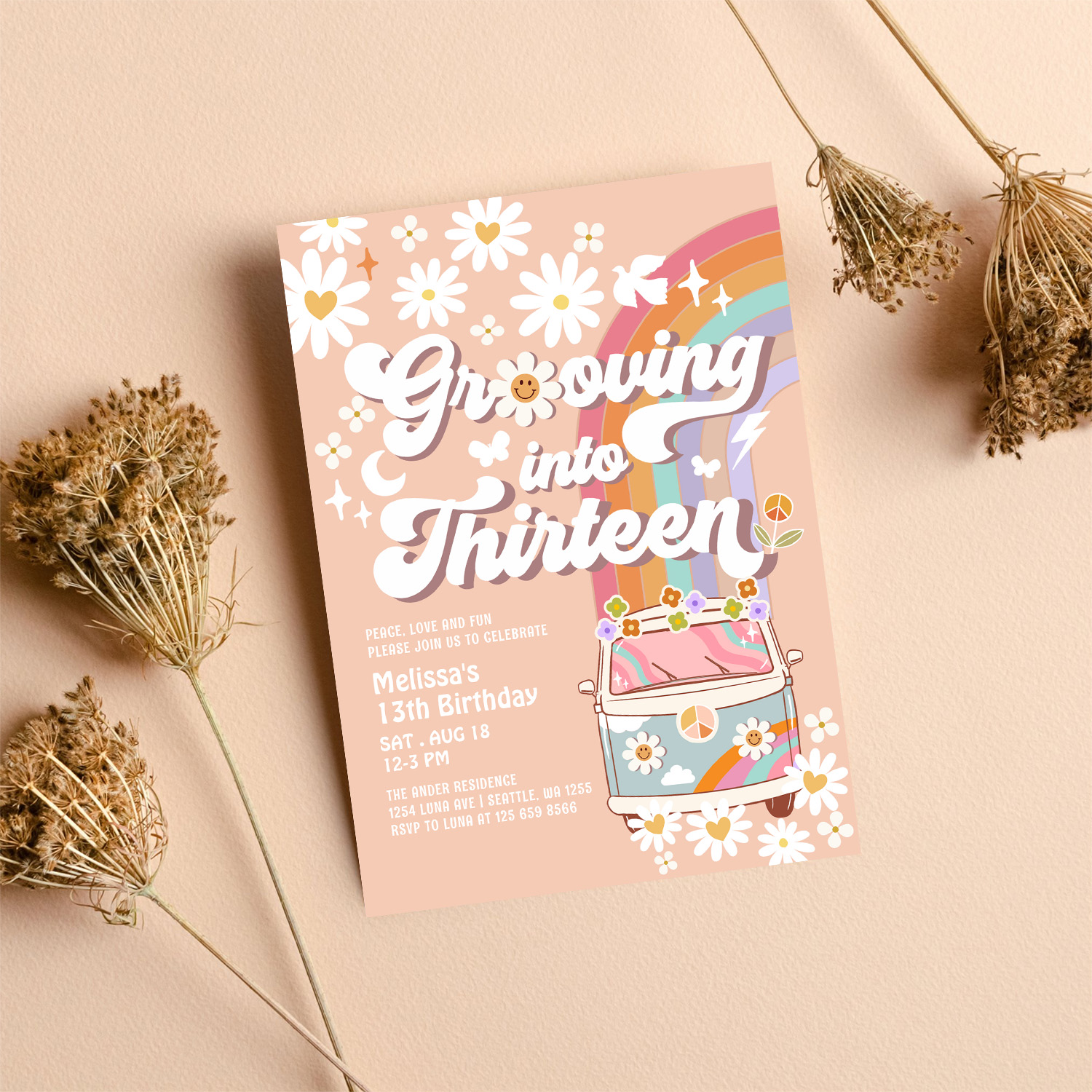 Grooving Into Thirteen Hippie 13th Birthday Invitation - Image 8