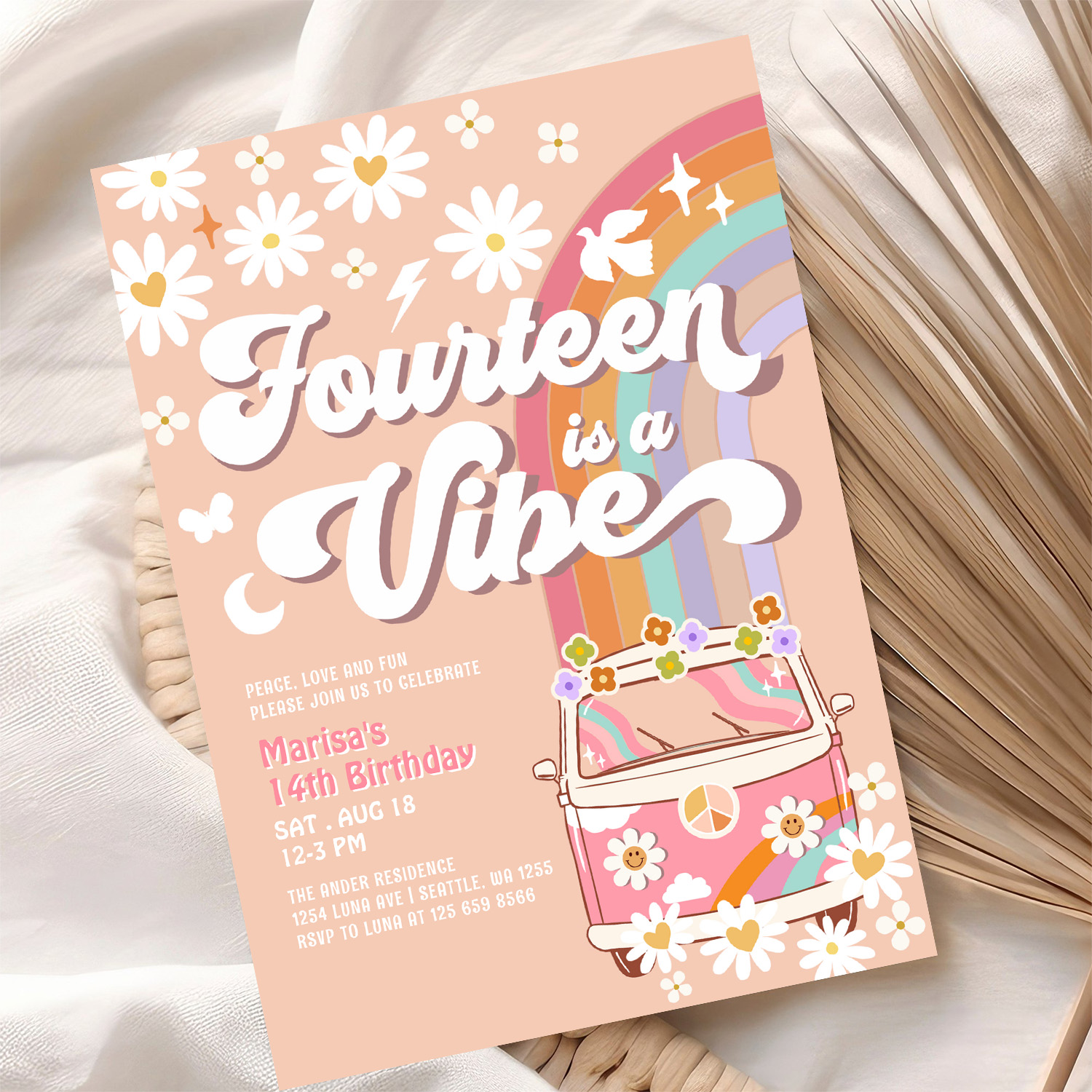 Groovy 14th Hippie Vibe Pink Daisy Birthday Invitation - Image 10