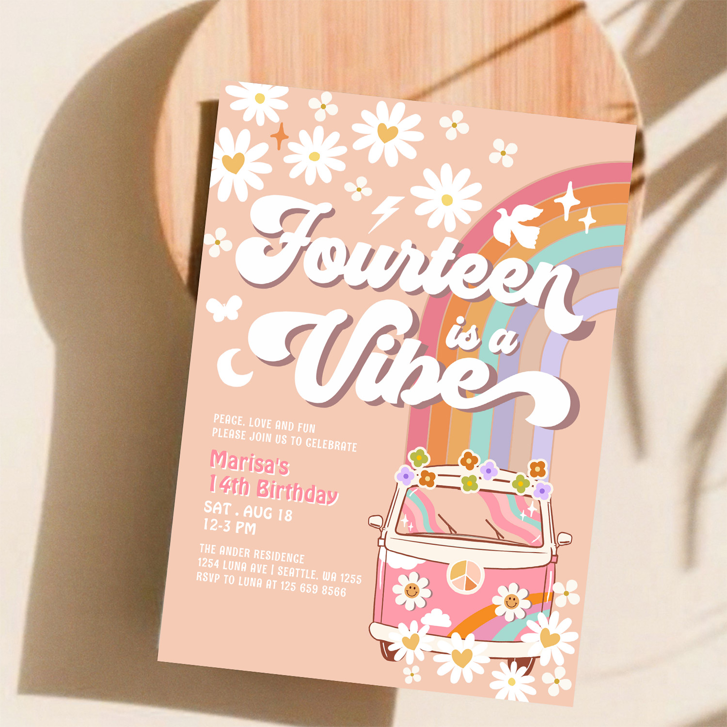 Groovy 14th Hippie Vibe Pink Daisy Birthday Invitation - Image 11