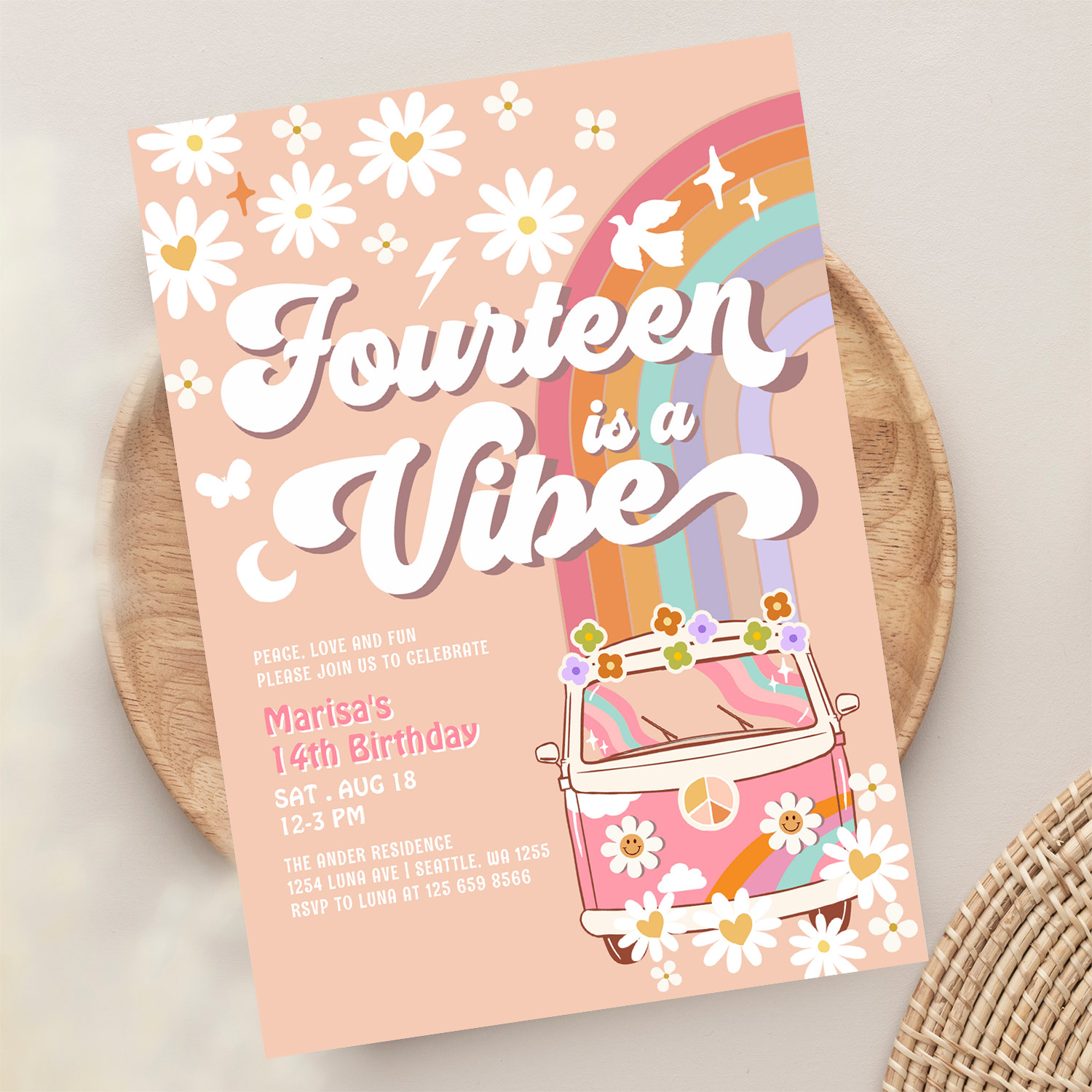 Groovy 14th Hippie Vibe Pink Daisy Birthday Invitation - Image 13