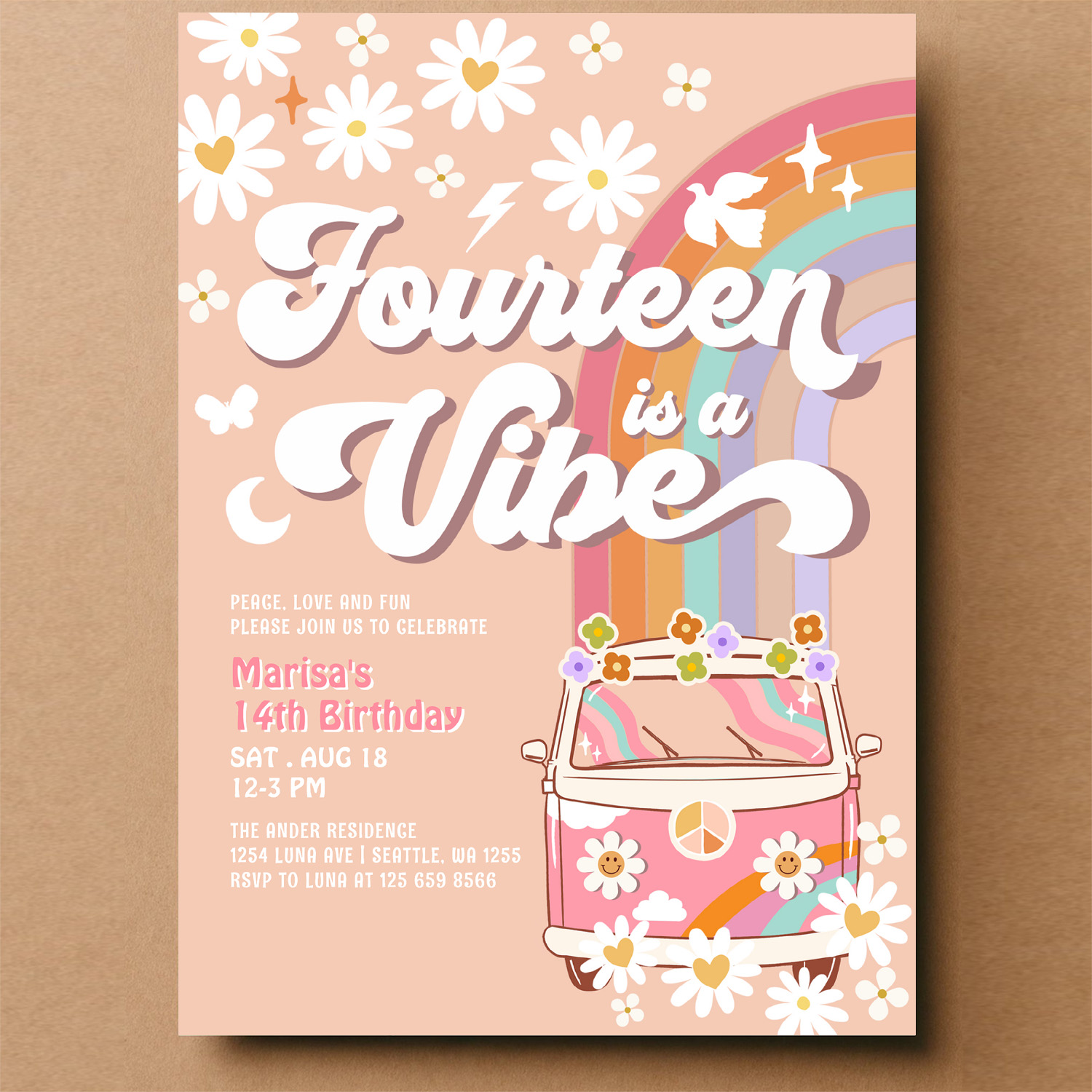 Groovy 14th Hippie Vibe Pink Daisy Birthday Invitation - Image 14