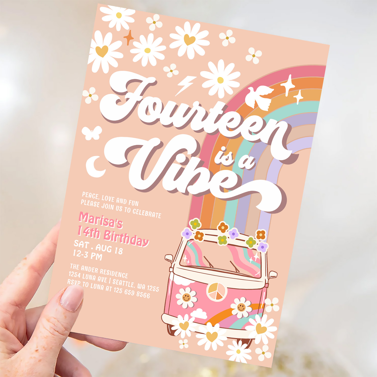 Groovy 14th Hippie Vibe Pink Daisy Birthday Invitation - Image 3