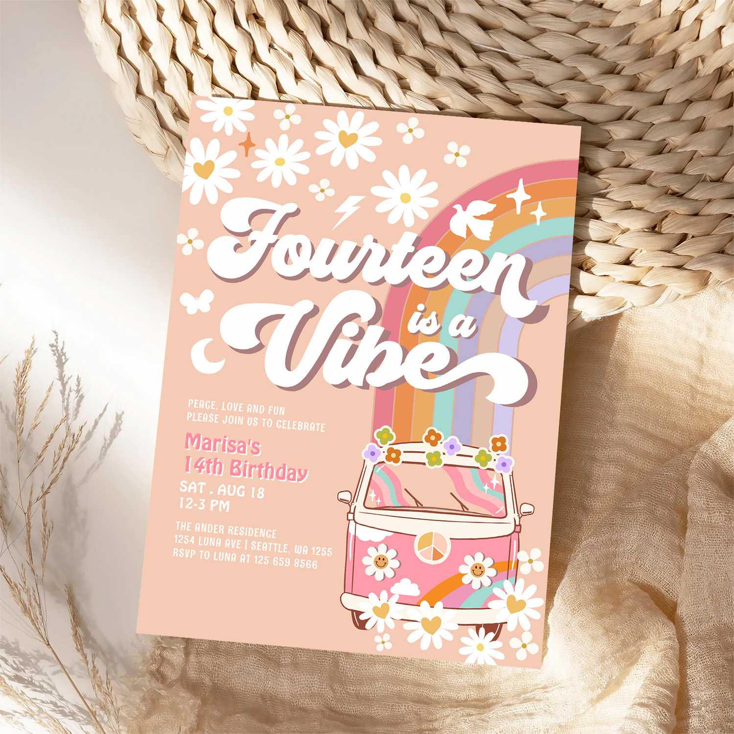 Groovy 14th Hippie Vibe Pink Daisy Birthday Invitation - Image 4