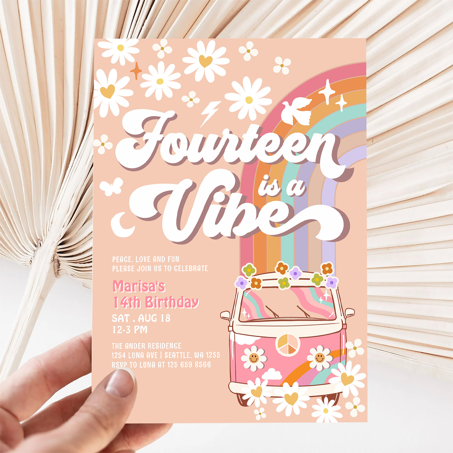Groovy 14th Hippie Vibe Pink Daisy Birthday Invitation - Image 5