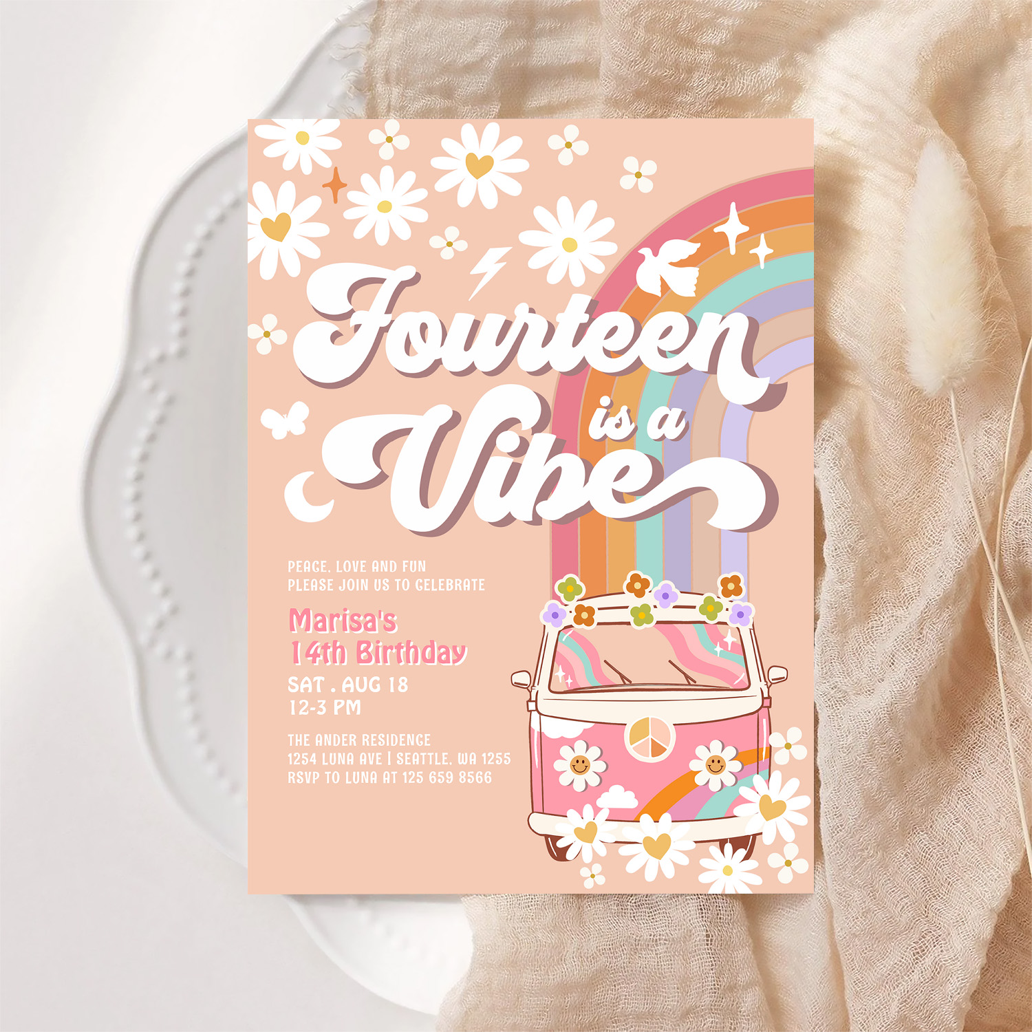 Groovy 14th Hippie Vibe Pink Daisy Birthday Invitation - Image 6