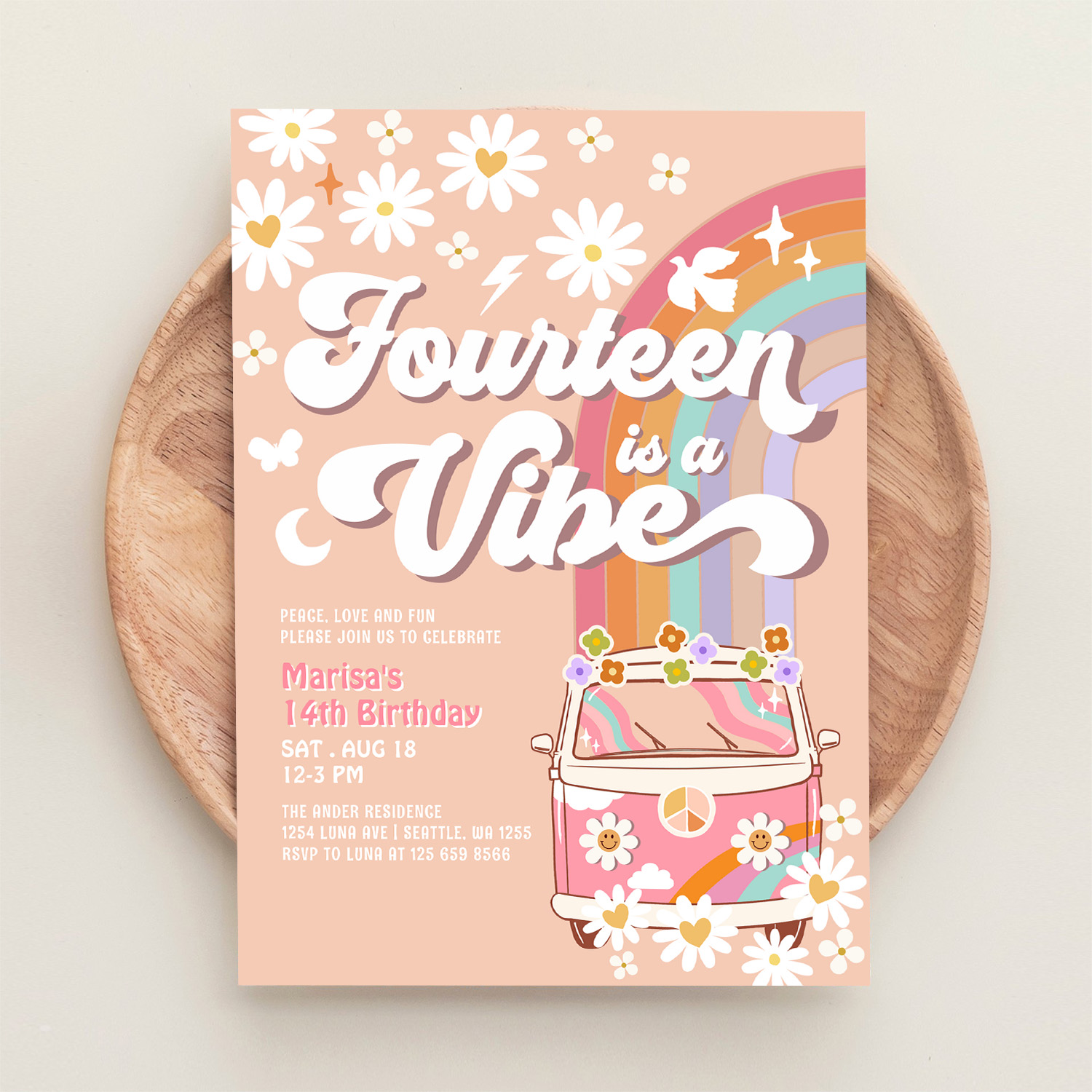 Groovy 14th Hippie Vibe Pink Daisy Birthday Invitation - Image 7