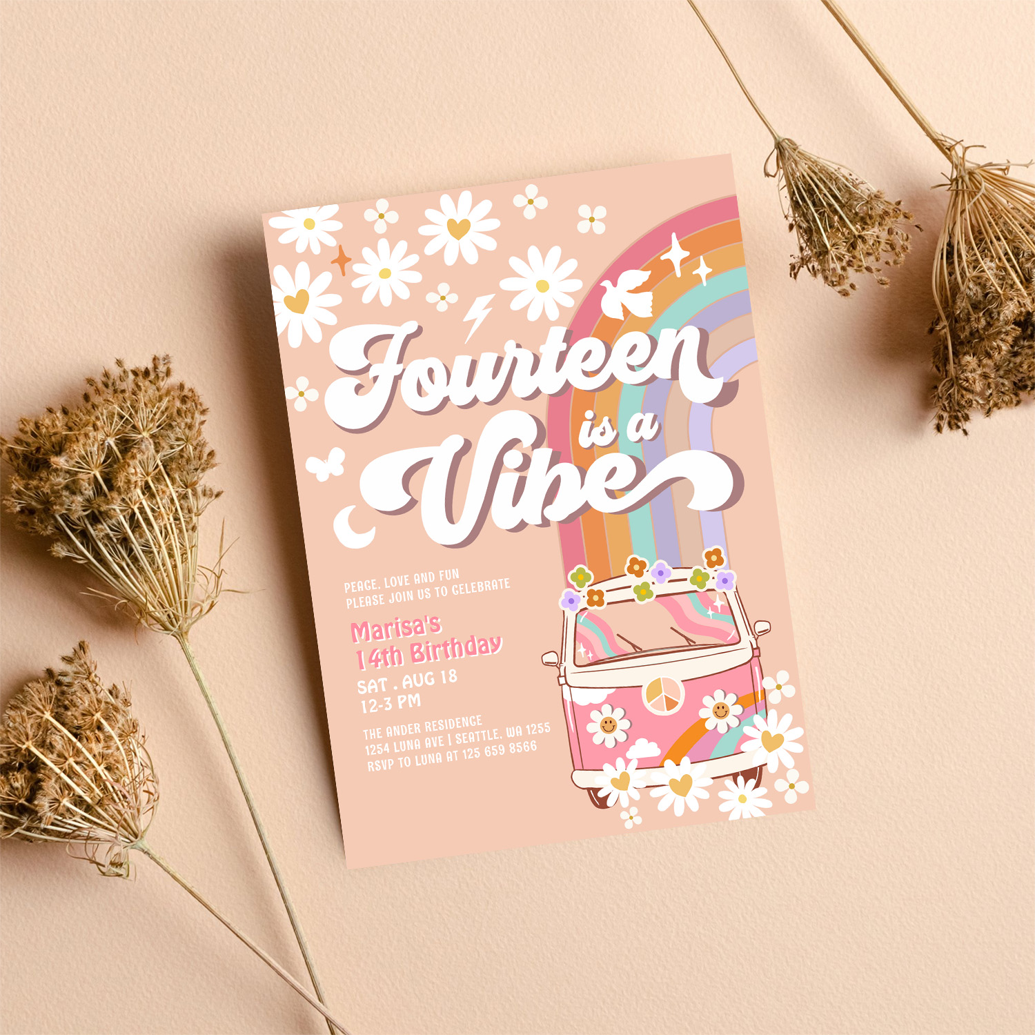 Groovy 14th Hippie Vibe Pink Daisy Birthday Invitation - Image 8