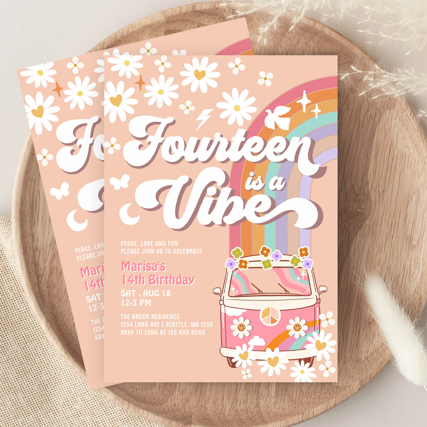 Groovy 14th Hippie Vibe Pink Daisy Birthday Invitation - Image 9