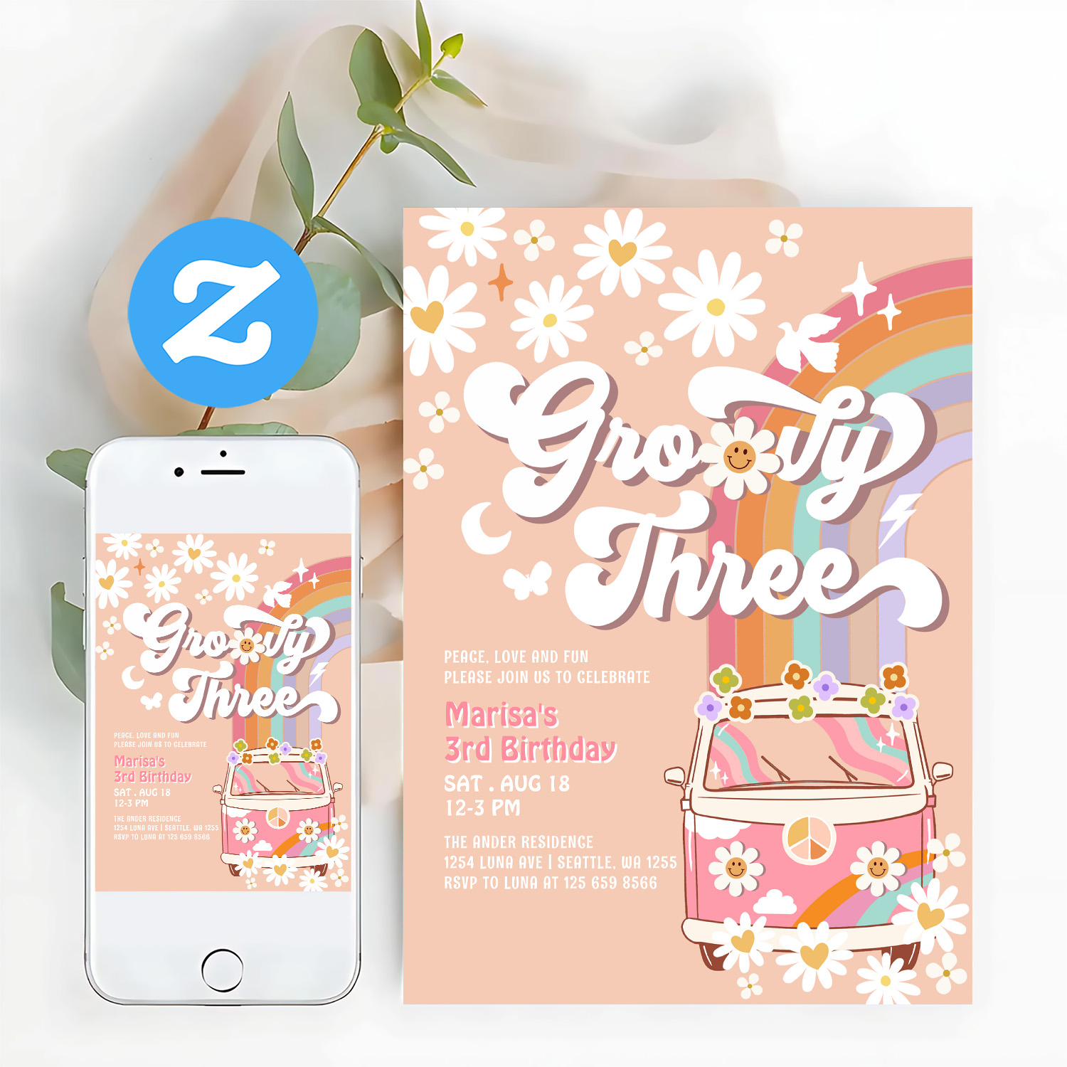 Groovy 3rd Pink Daisy Rainbow Hippie Birthday Invitation