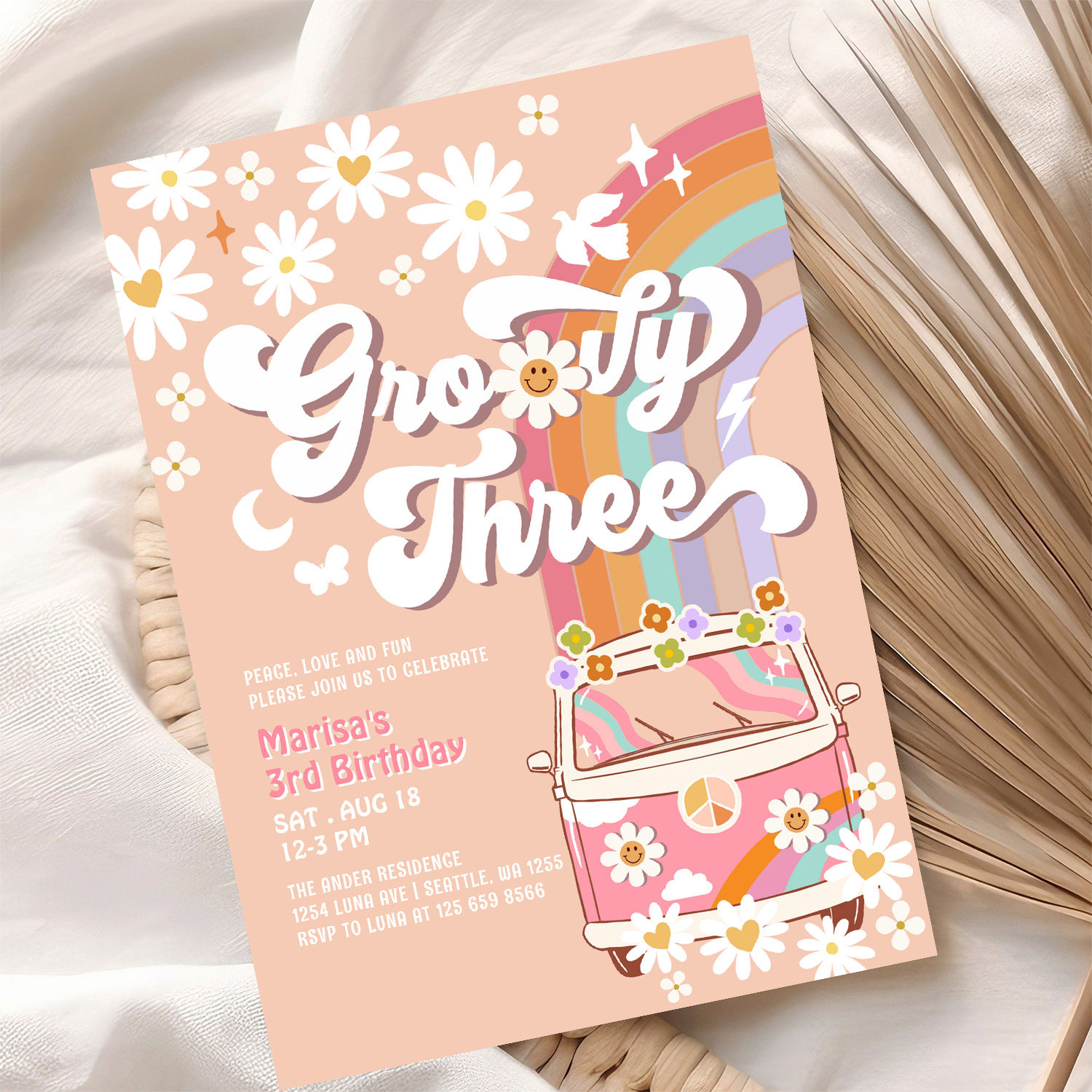 Groovy 3rd Pink Daisy Rainbow Hippie Birthday Invitation - Image 10