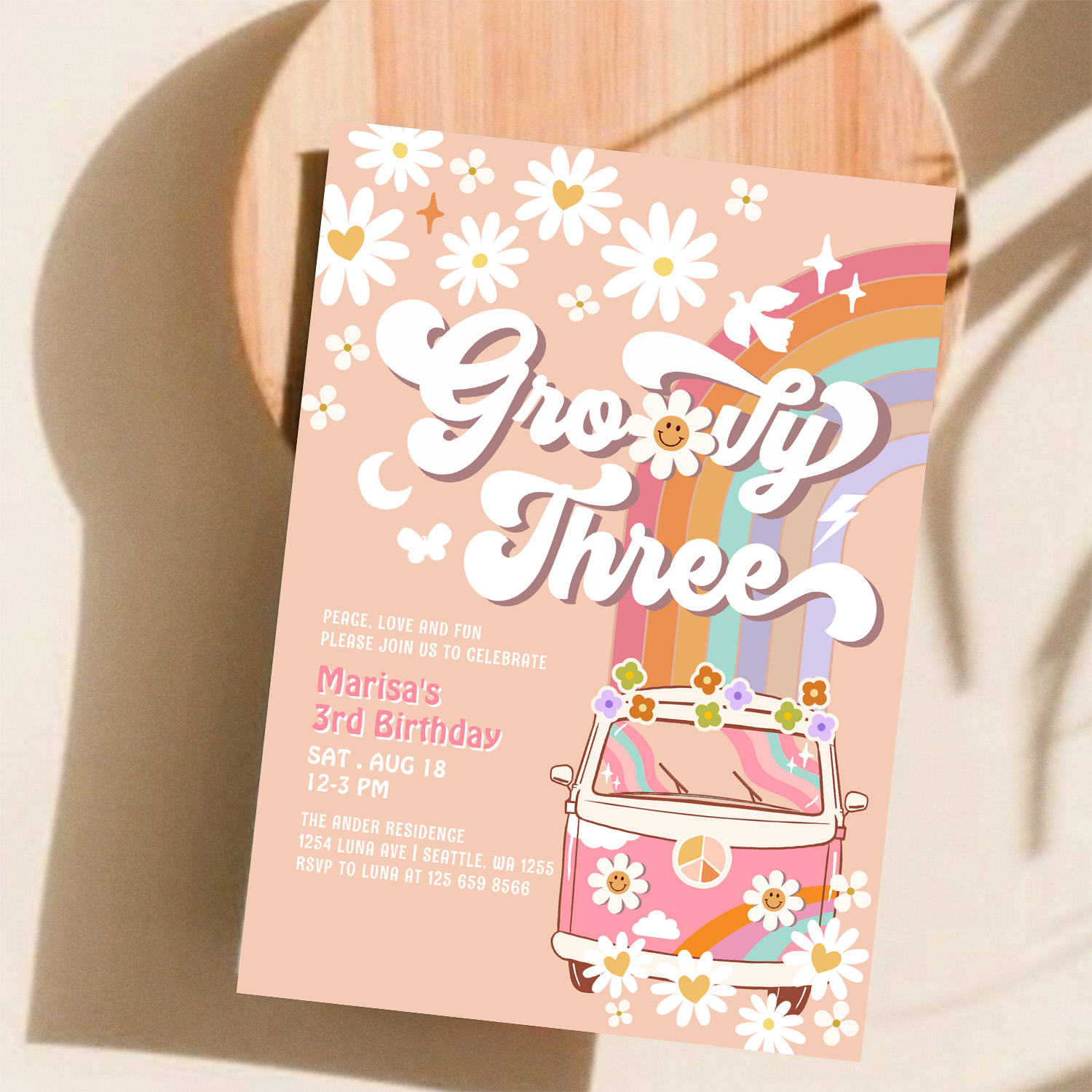 Groovy 3rd Pink Daisy Rainbow Hippie Birthday Invitation - Image 11