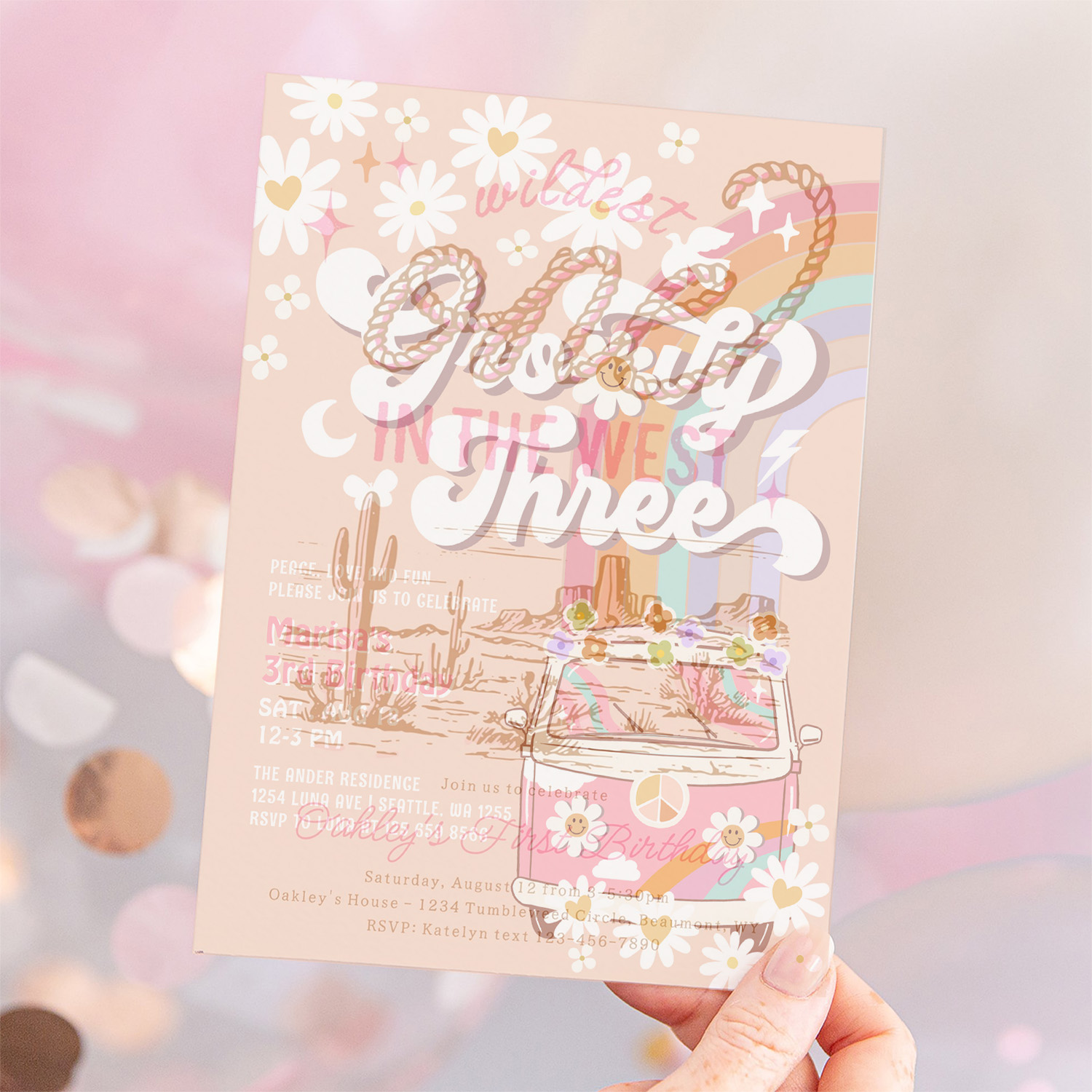 Groovy 3rd Pink Daisy Rainbow Hippie Birthday Invitation - Image 12