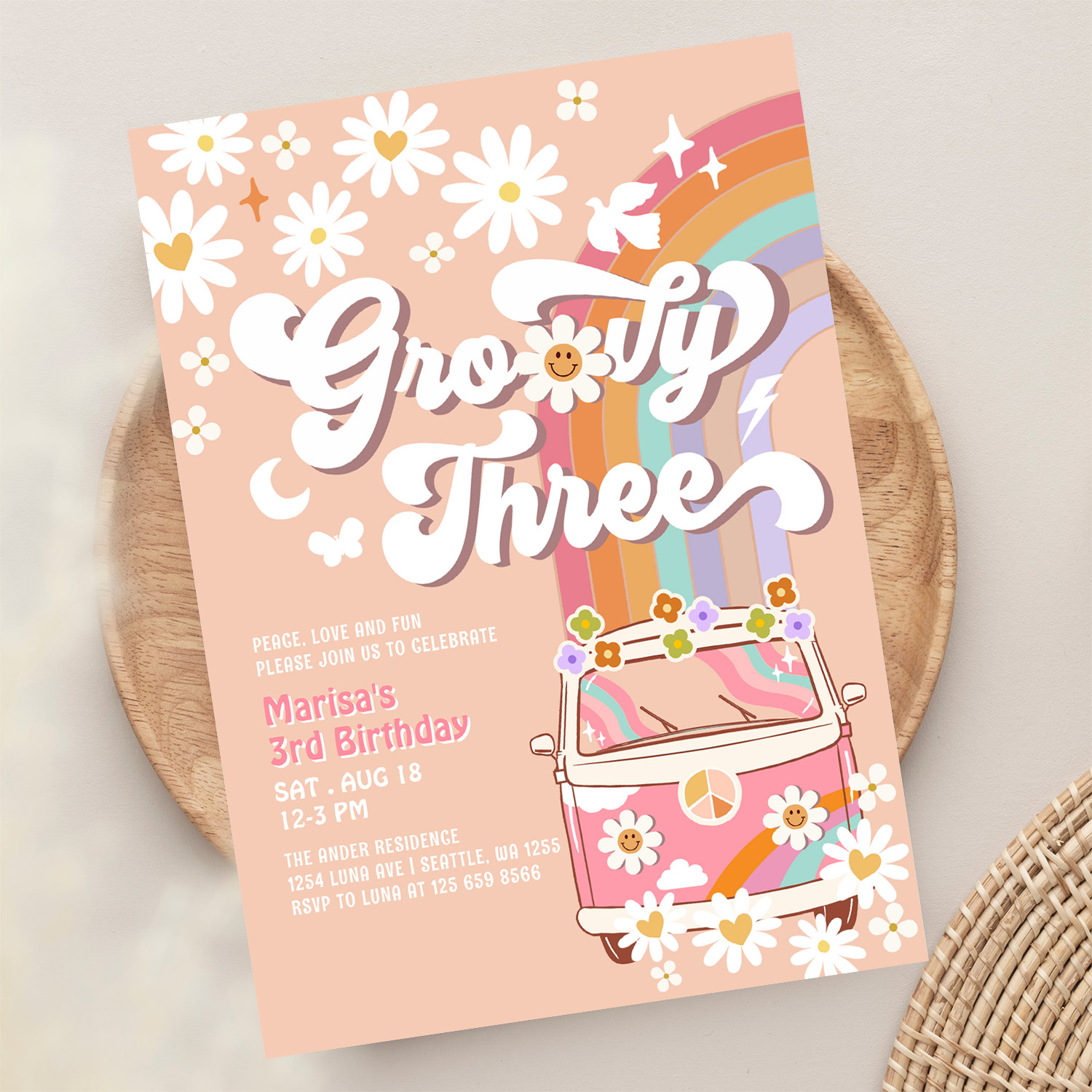 Groovy 3rd Pink Daisy Rainbow Hippie Birthday Invitation - Image 13