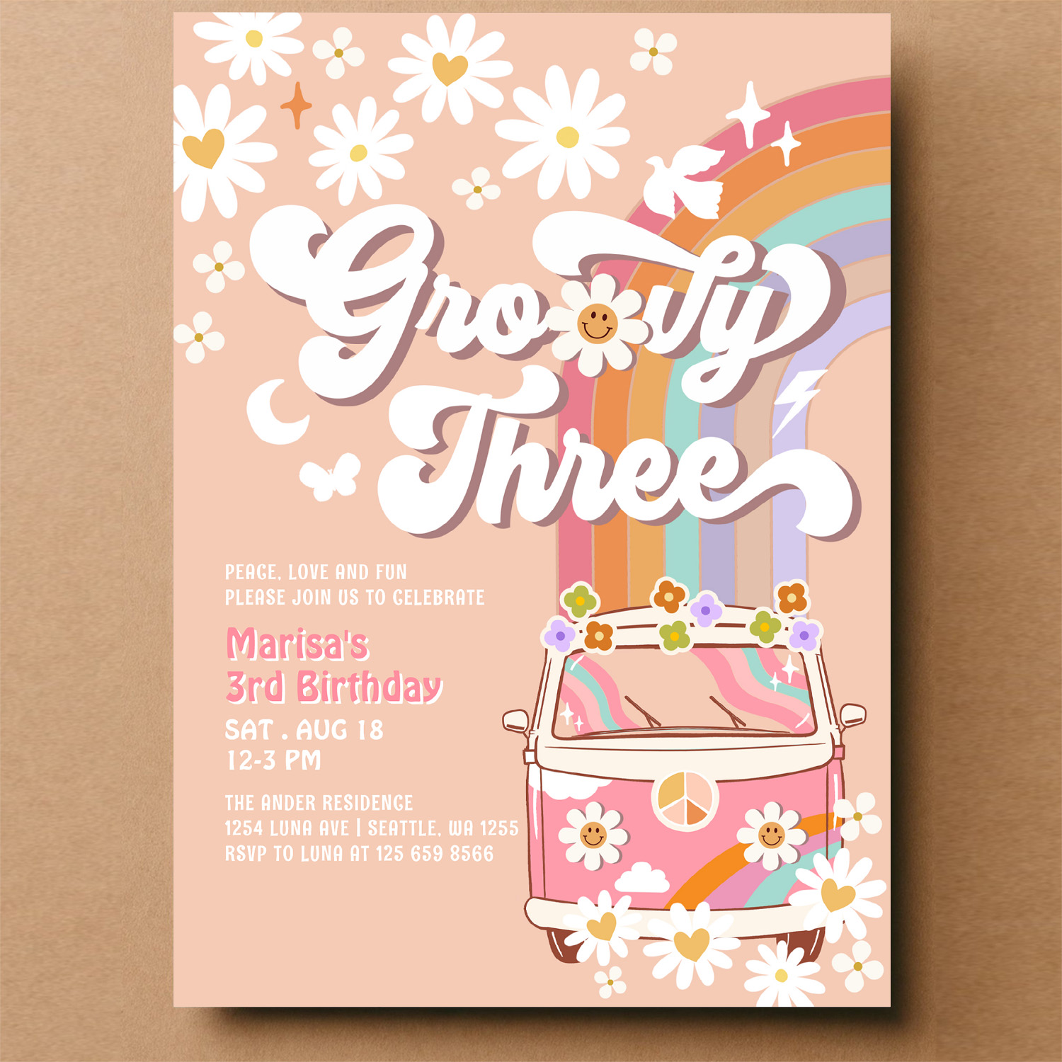 Groovy 3rd Pink Daisy Rainbow Hippie Birthday Invitation - Image 14