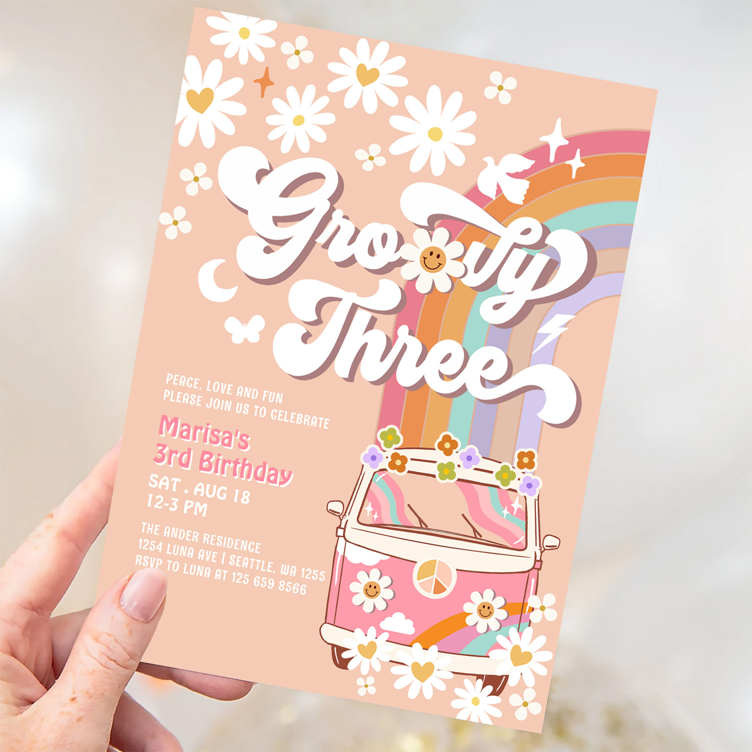 Groovy 3rd Pink Daisy Rainbow Hippie Birthday Invitation - Image 3