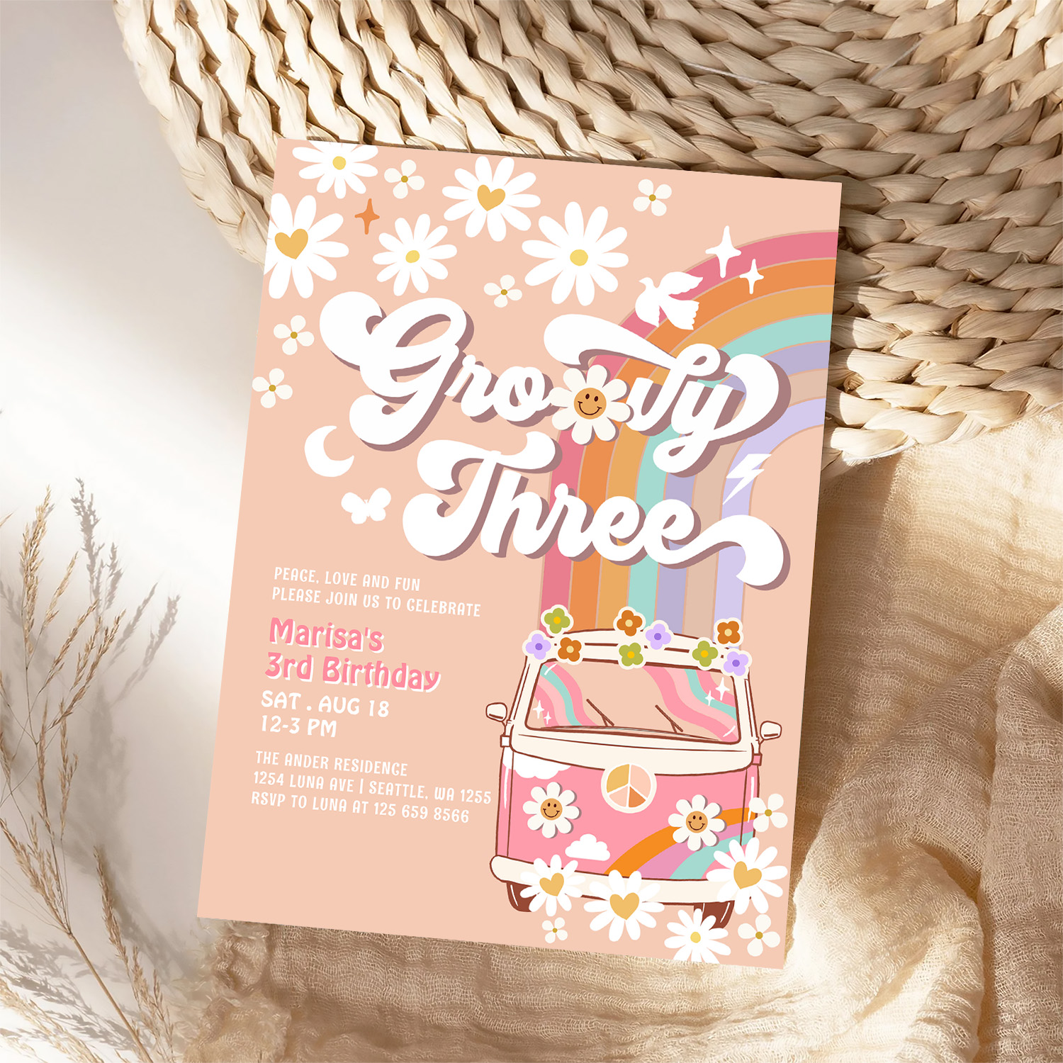 Groovy 3rd Pink Daisy Rainbow Hippie Birthday Invitation - Image 4